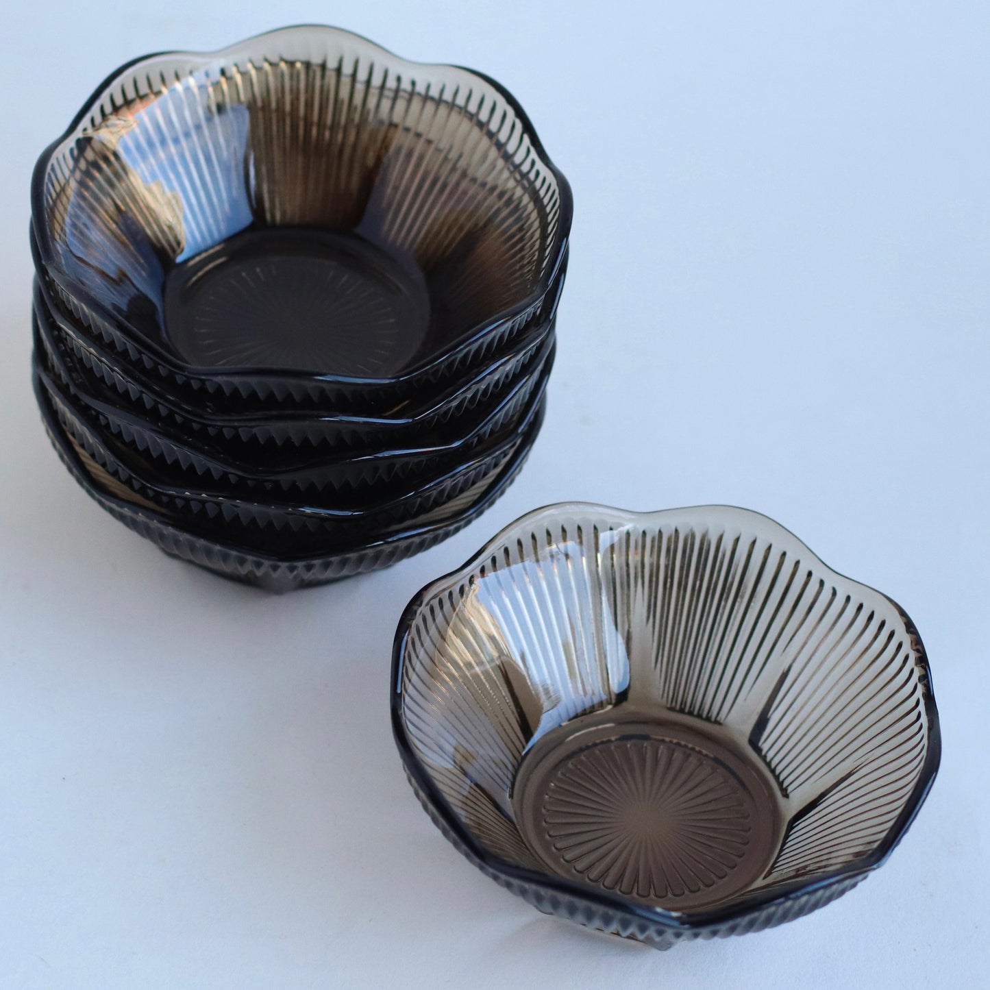 Scalloped Brown Smoke Glass Snack Bowls , Set of 6