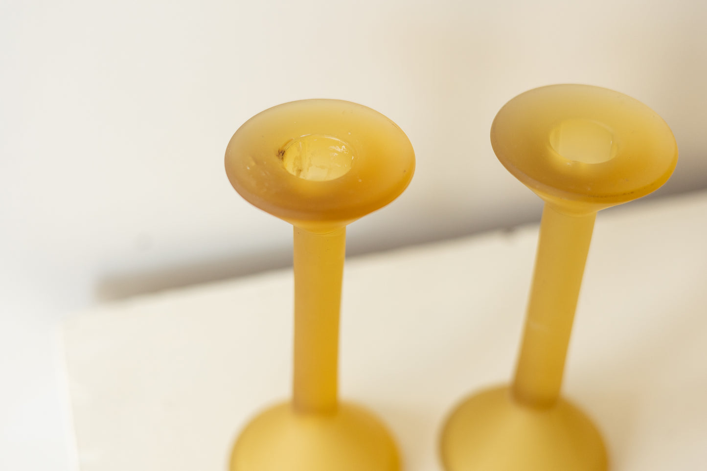 Frosted Yellow Glass Candlesticks, Pair