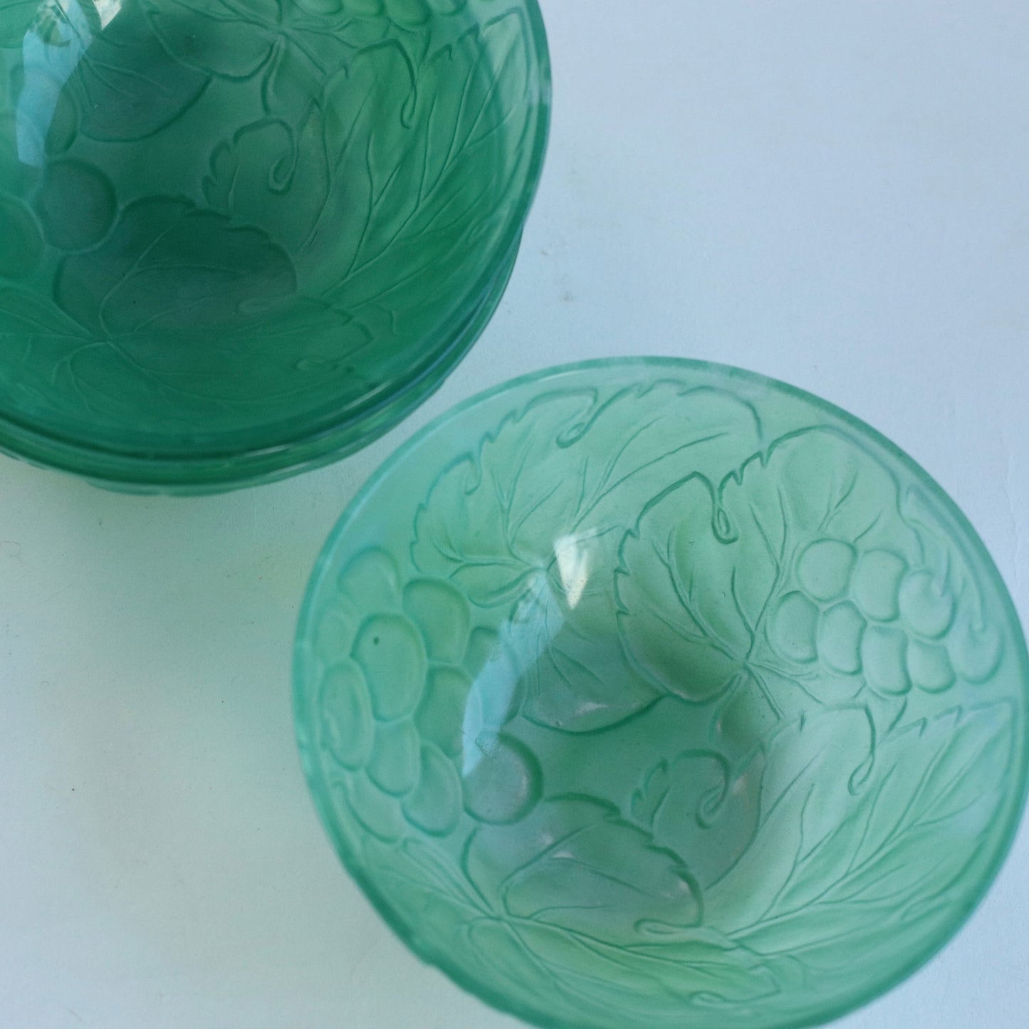 Frosted Green Glass bowls with grape motif, Set of 4