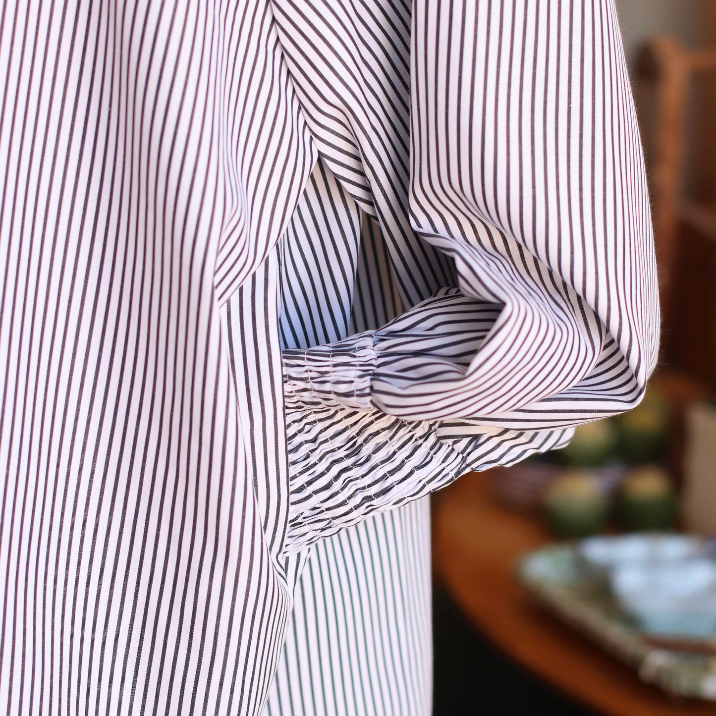Smocked Cuff Striped Boyfriend Shirt, Grey