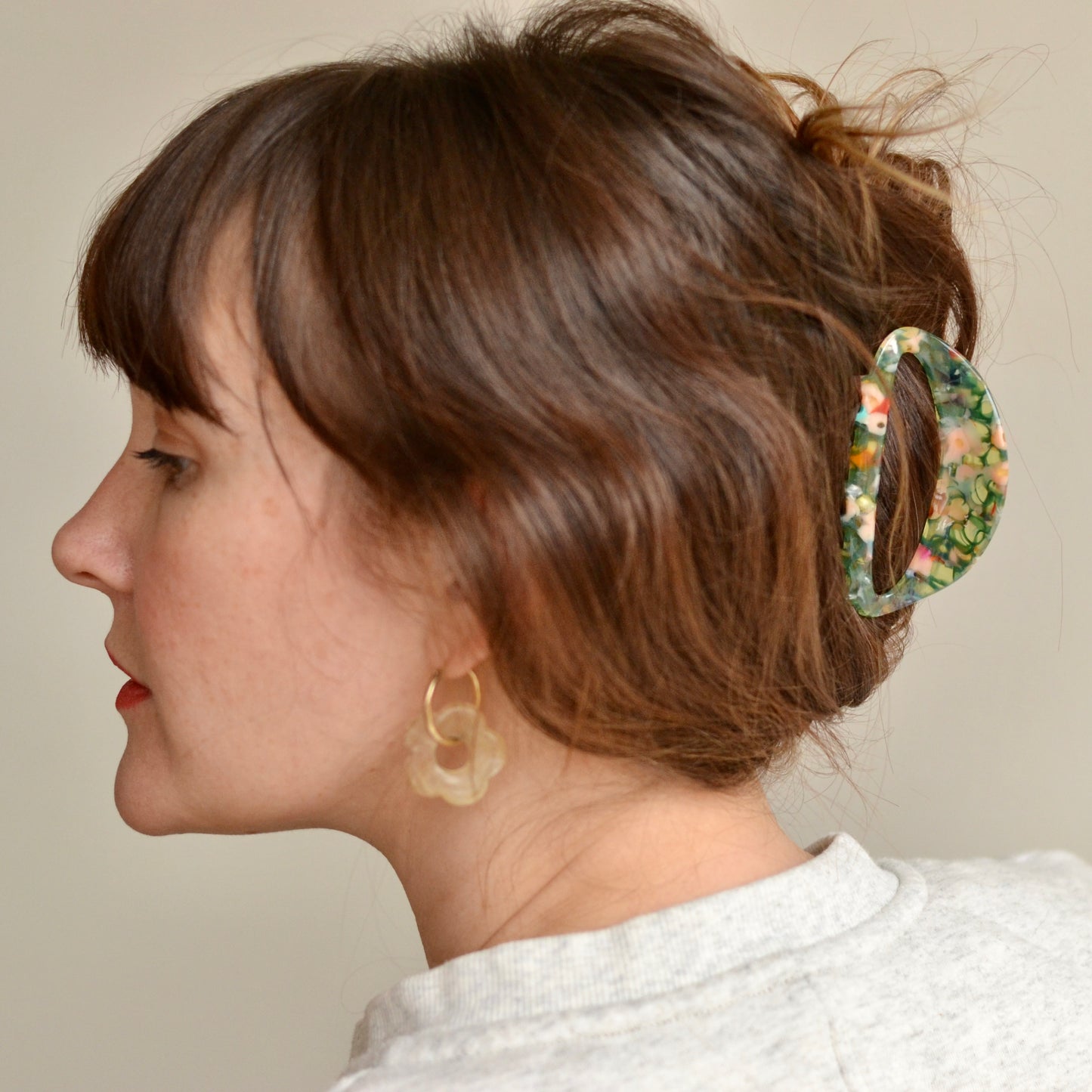 Oval Hair Clip in Green and Pink Marble