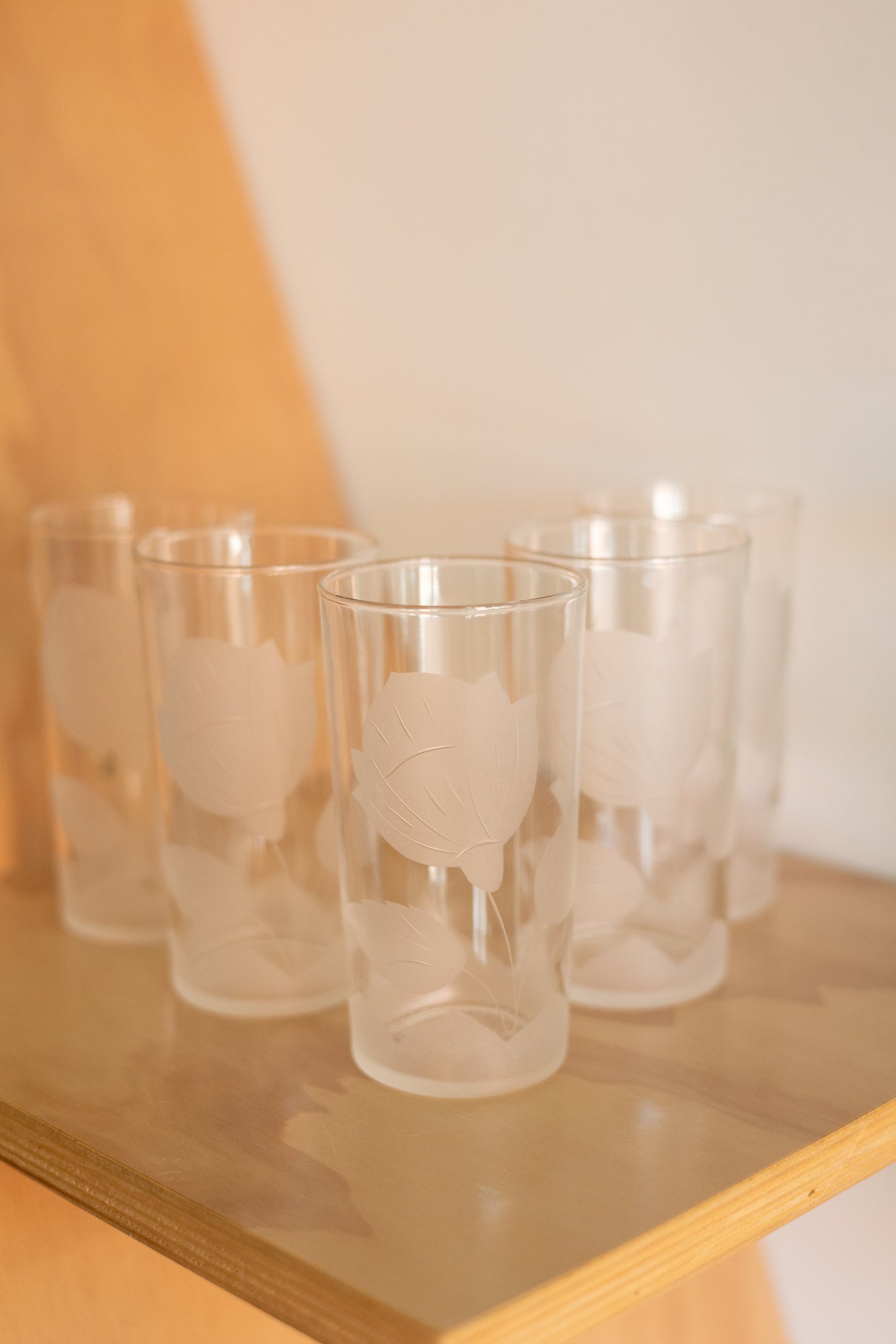 Clear Water Glasses with Flower Stem Etching, Set of 5