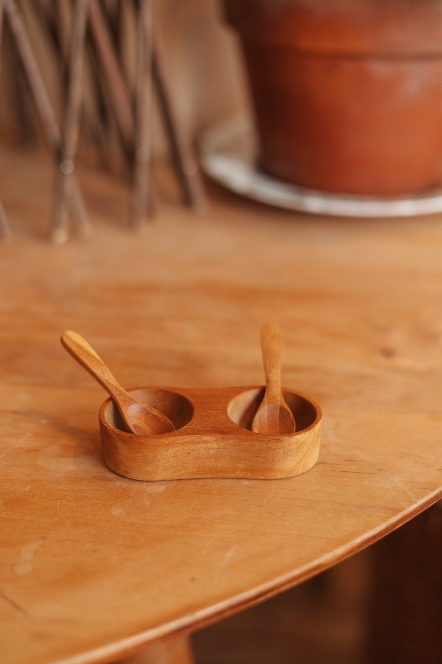 Small Wooden Salt and Pepper Cellar with Spoons