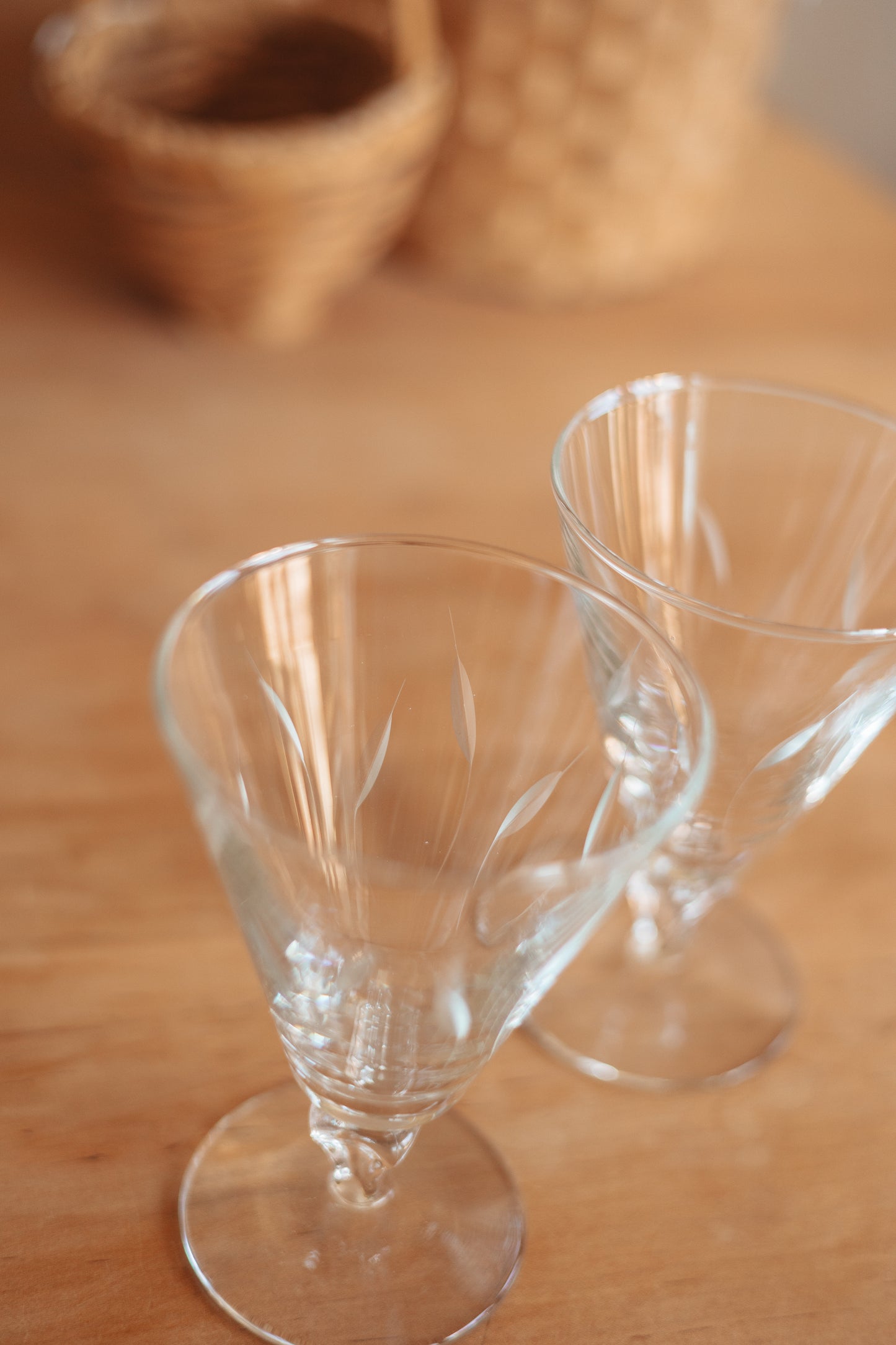 Pair of Clear Glass Water Goblets with Etched Reed Detailing