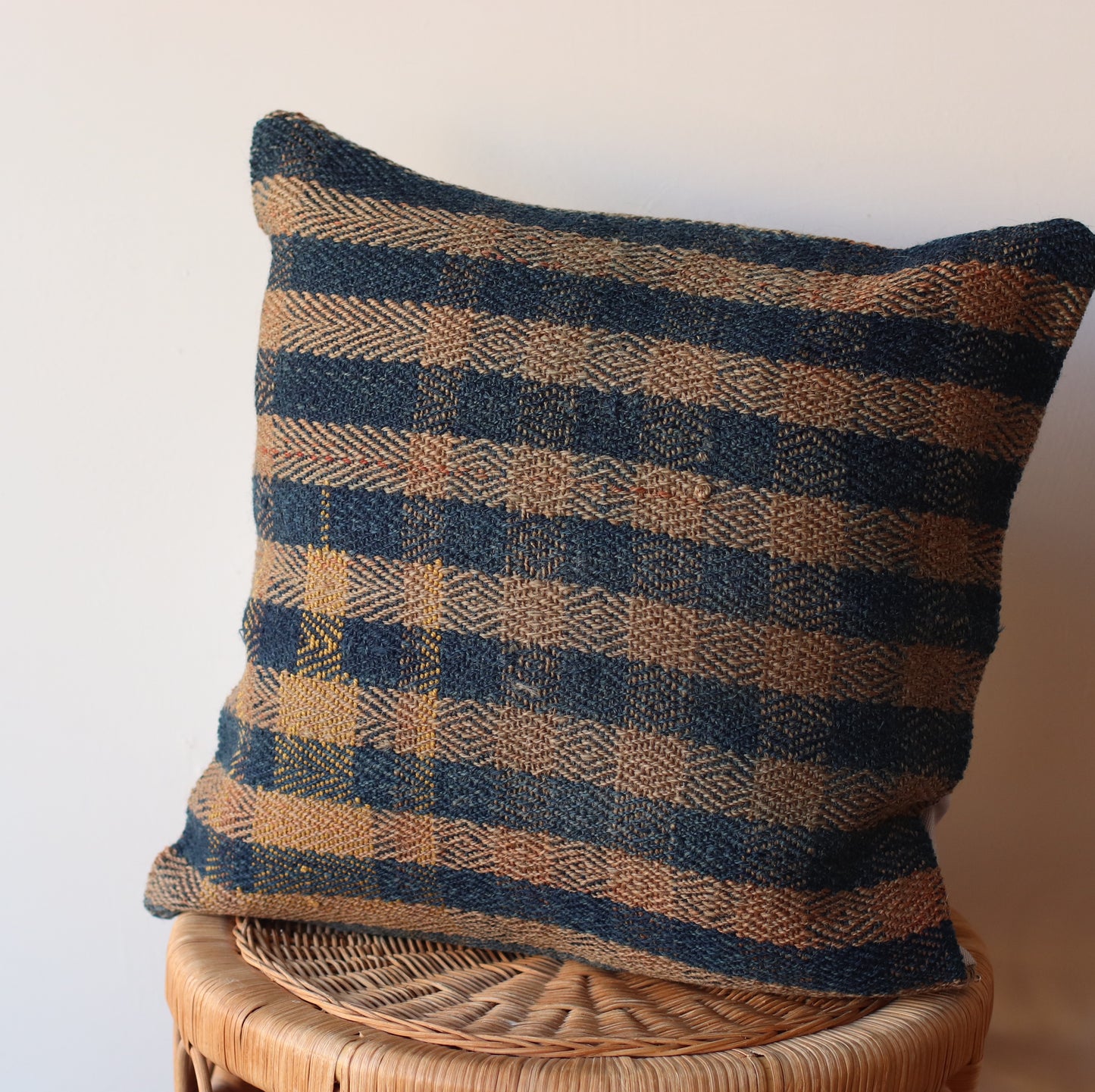 Kilim Pillow | Navy and Goldenrod Check, includes insert 16"