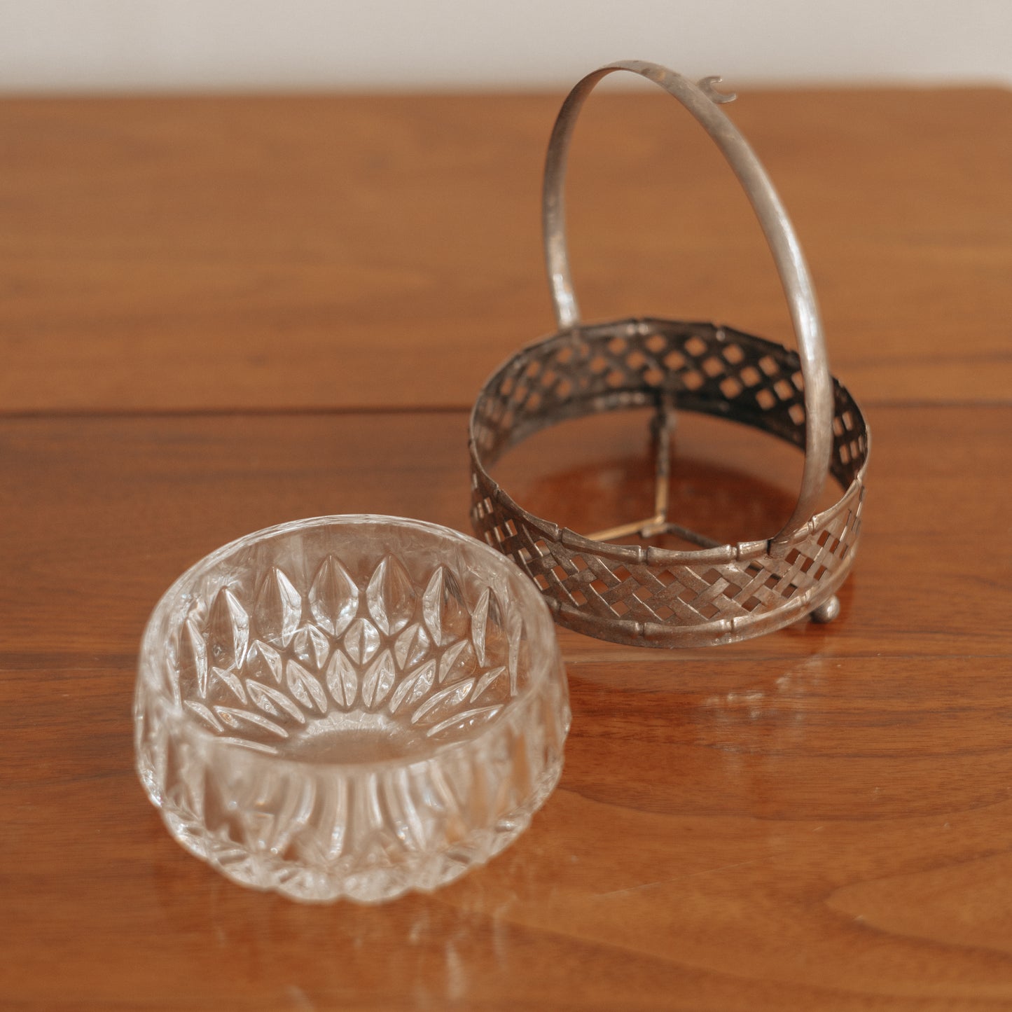 Cut Glass Dish in Silver Basket