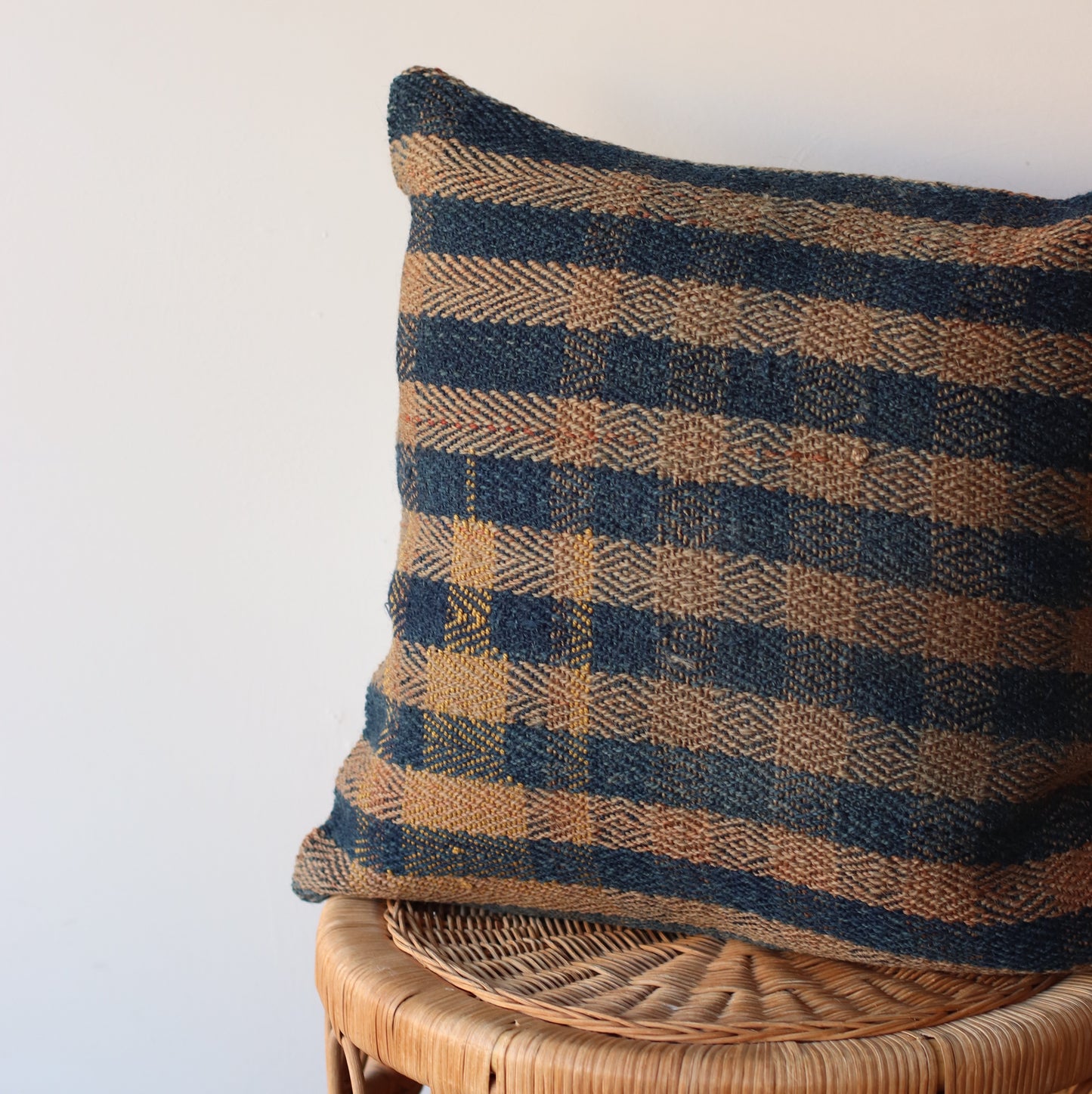 Kilim Pillow | Navy and Goldenrod Check, includes insert 16"