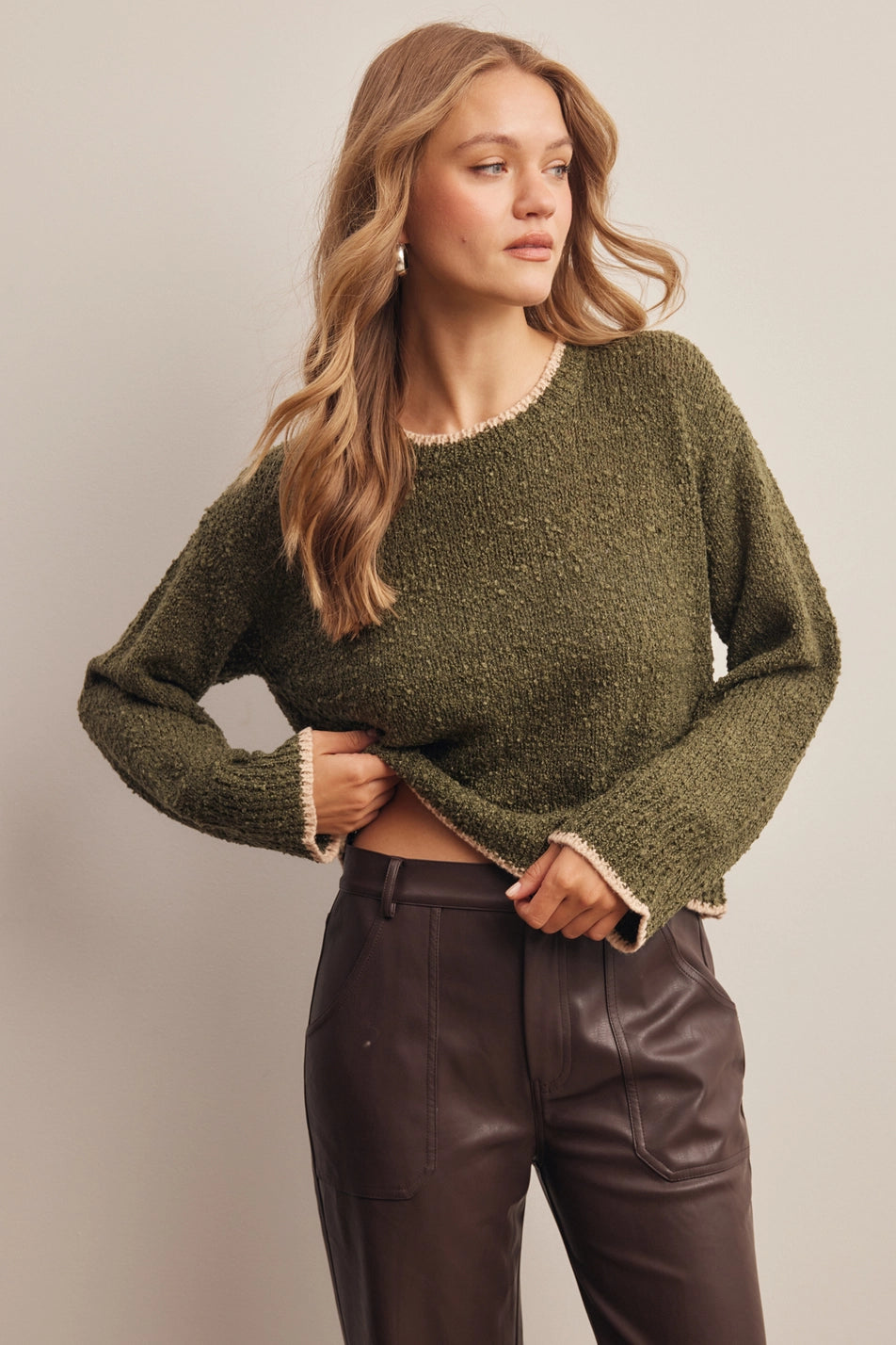 Olive Slub Knit Cropped Sweater