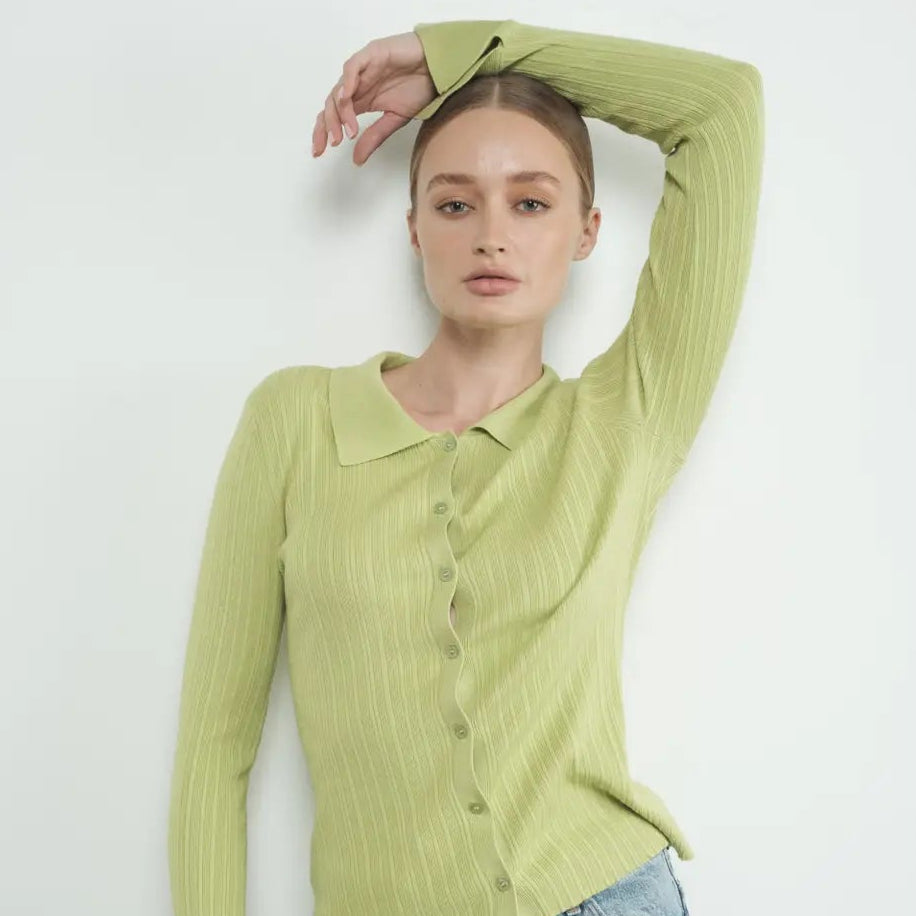 Aaron and Amber | Bell Sleeved Collared Ribbed Top