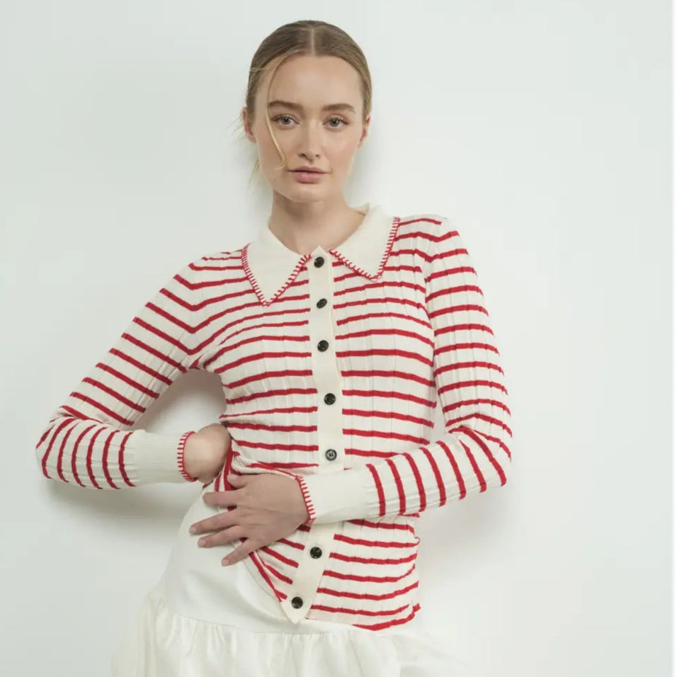 Aaron and Amber | Stripe Collared Cardigan with Edge Stitch