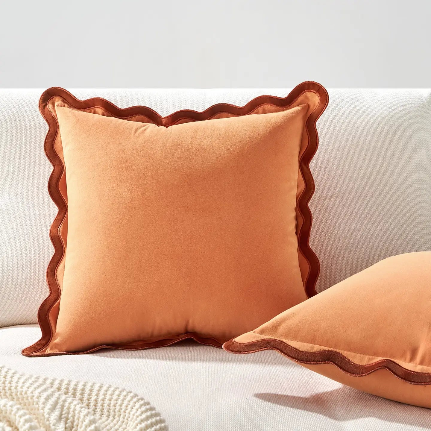Monday Moose |20” Scalloped Edge Pillow in Coral with Rust Edge