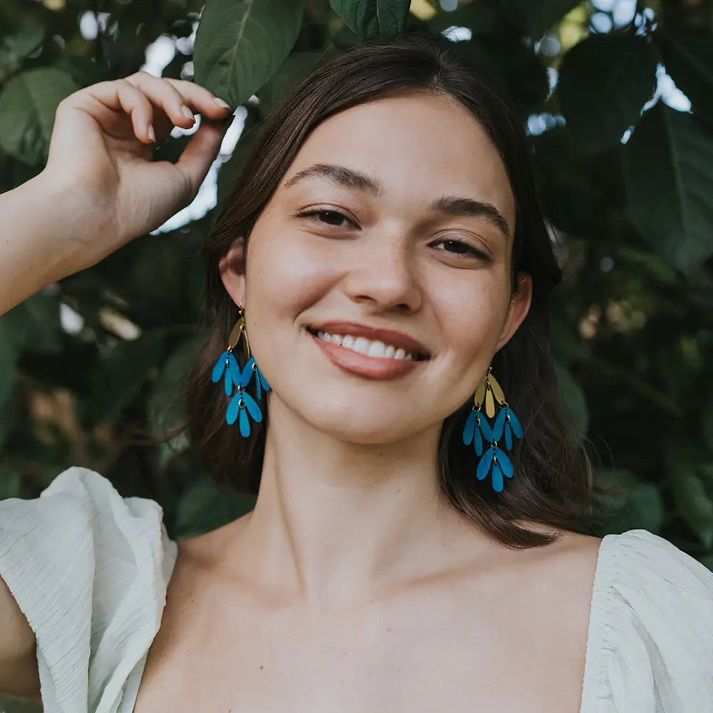 Matr Boomie | Chameli Chandelier Earrings, Blue Patina with Gold Petals