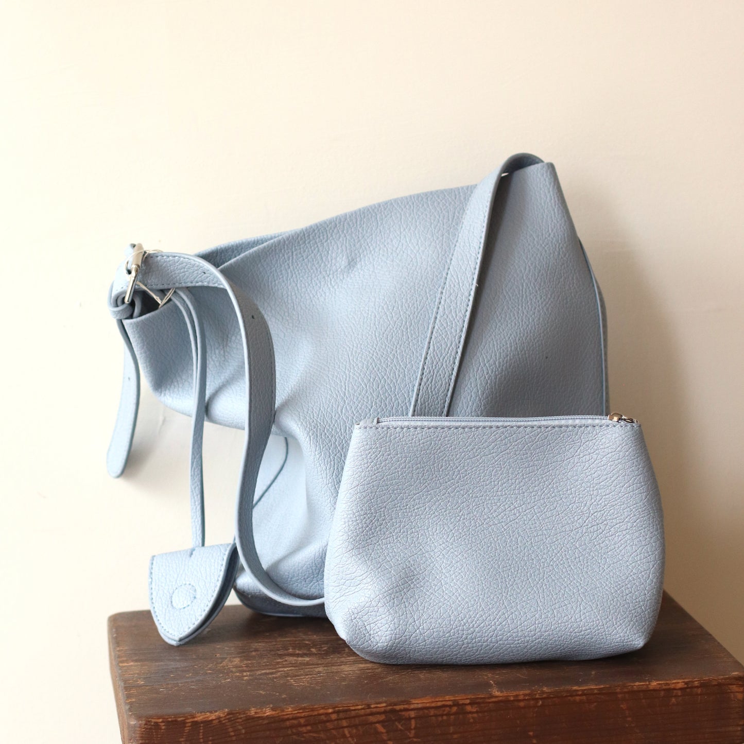 Vegan Leather Bag | Over the Shoulder Tote Bag with Matching Cosmetic Bag, Baby Blue