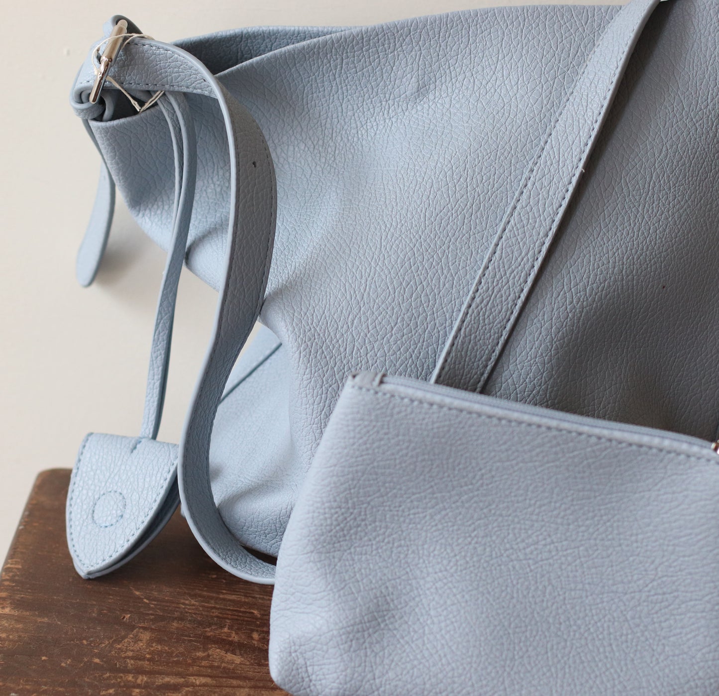 Vegan Leather Bag | Over the Shoulder Tote Bag with Matching Cosmetic Bag, Baby Blue