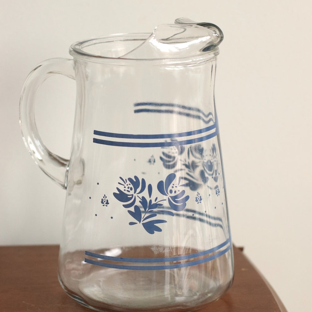 Clear Glass Water Pitcher with Blue Folk Detail