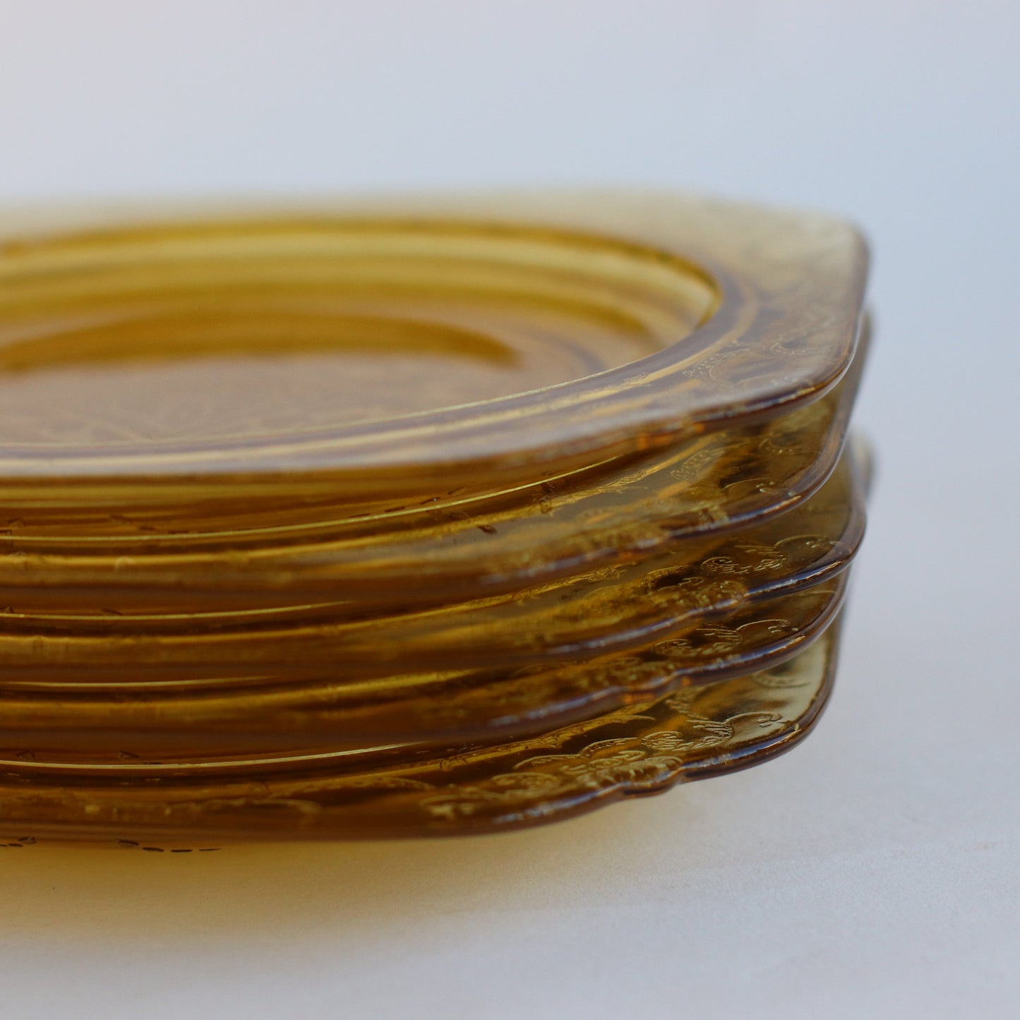 Amber Glass Square Etched Plates, Set of 5
