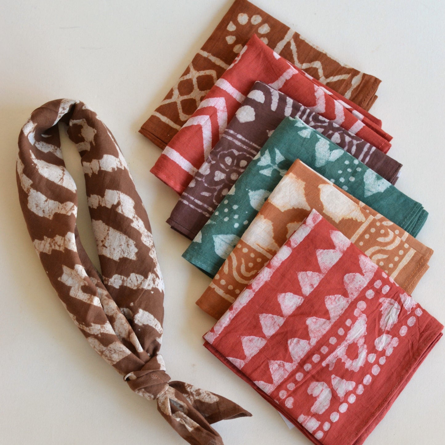 Anju | Block Printed Bandana - Burnt Orange Tile Grid