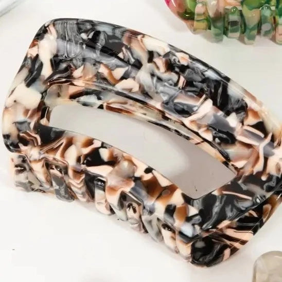 Rectangle Hair Clip in Pink and Black Marble