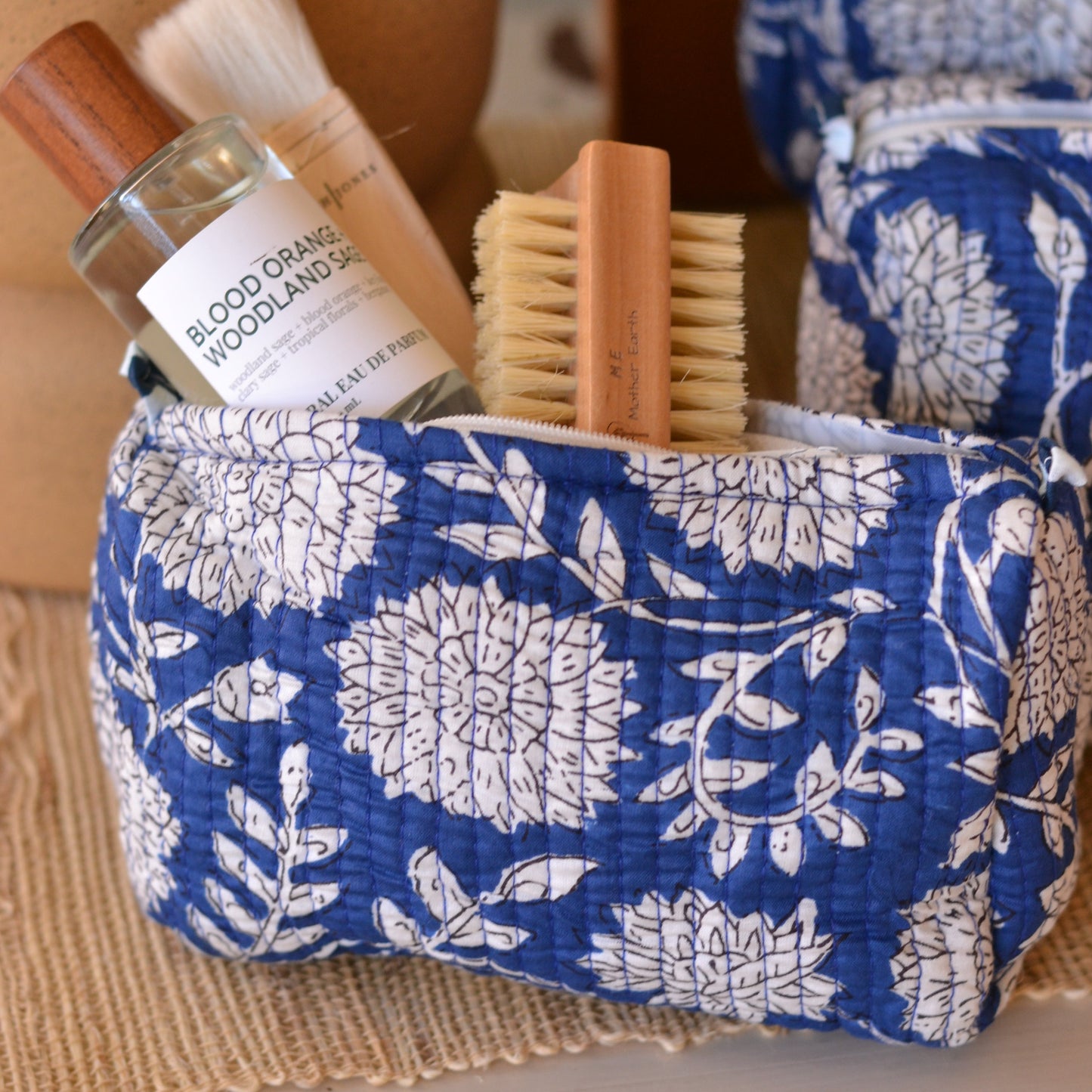 Gypsy Studio | Quilted Cotton Block Printed Cosmetic Bag, Blue with White Flowers