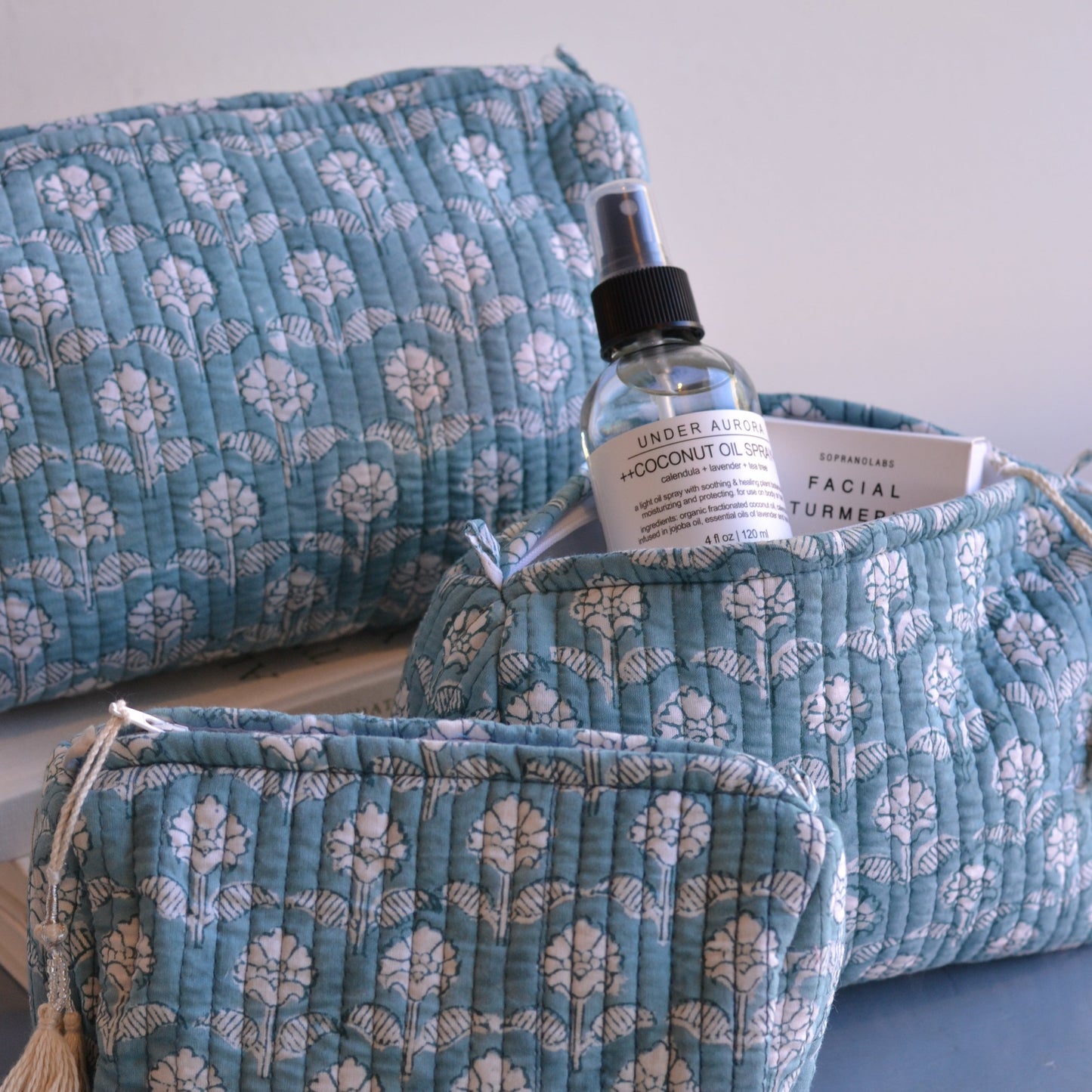 Gypsy Studio | Quilted Cotton Block Printed Cosmetic Bag, Light Blue with White Flowers