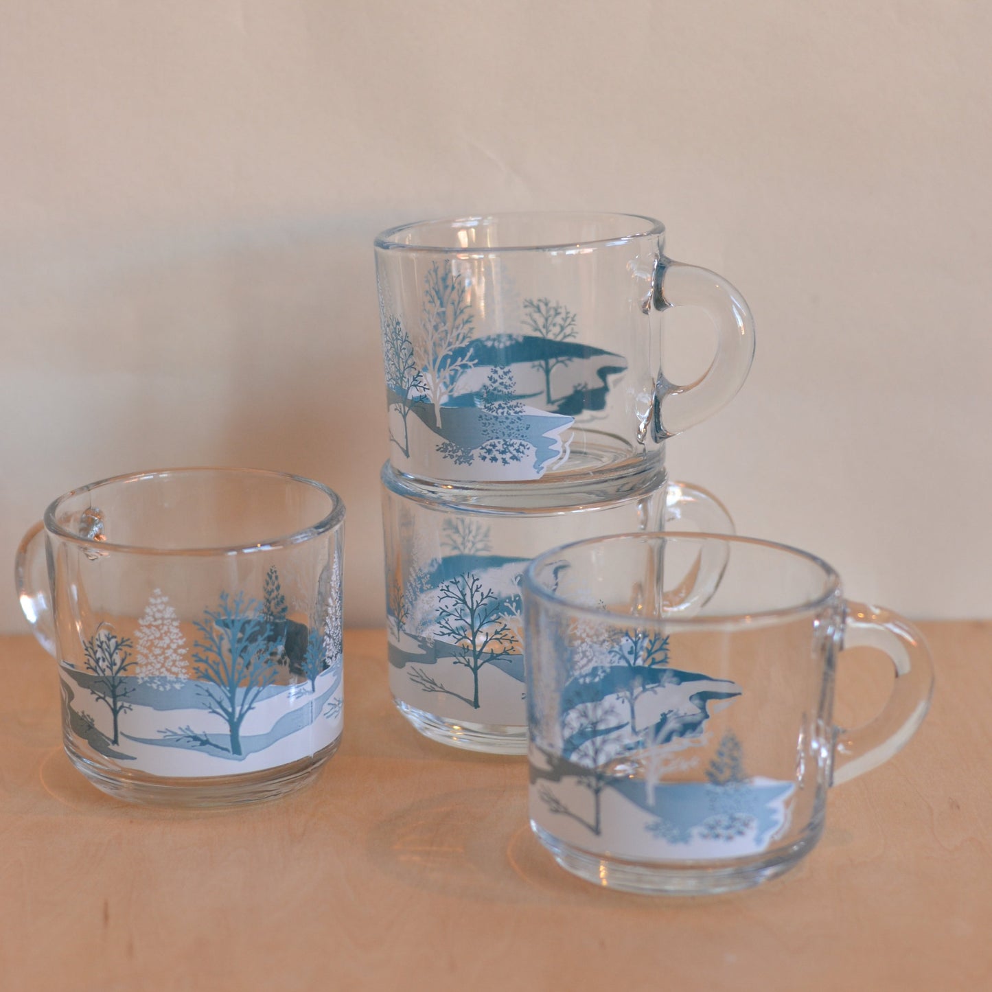 Blue and White Winter Scene Glass Mugs, Set of 4