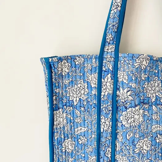 Gypsy Studio | Quilted Cotton Block Printed Tote Bag, Light Blue