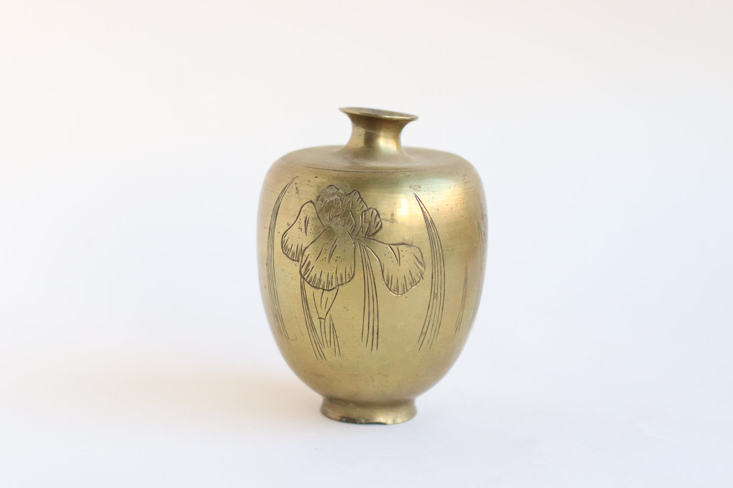 Small Brass Vase with Iris Flower Etching