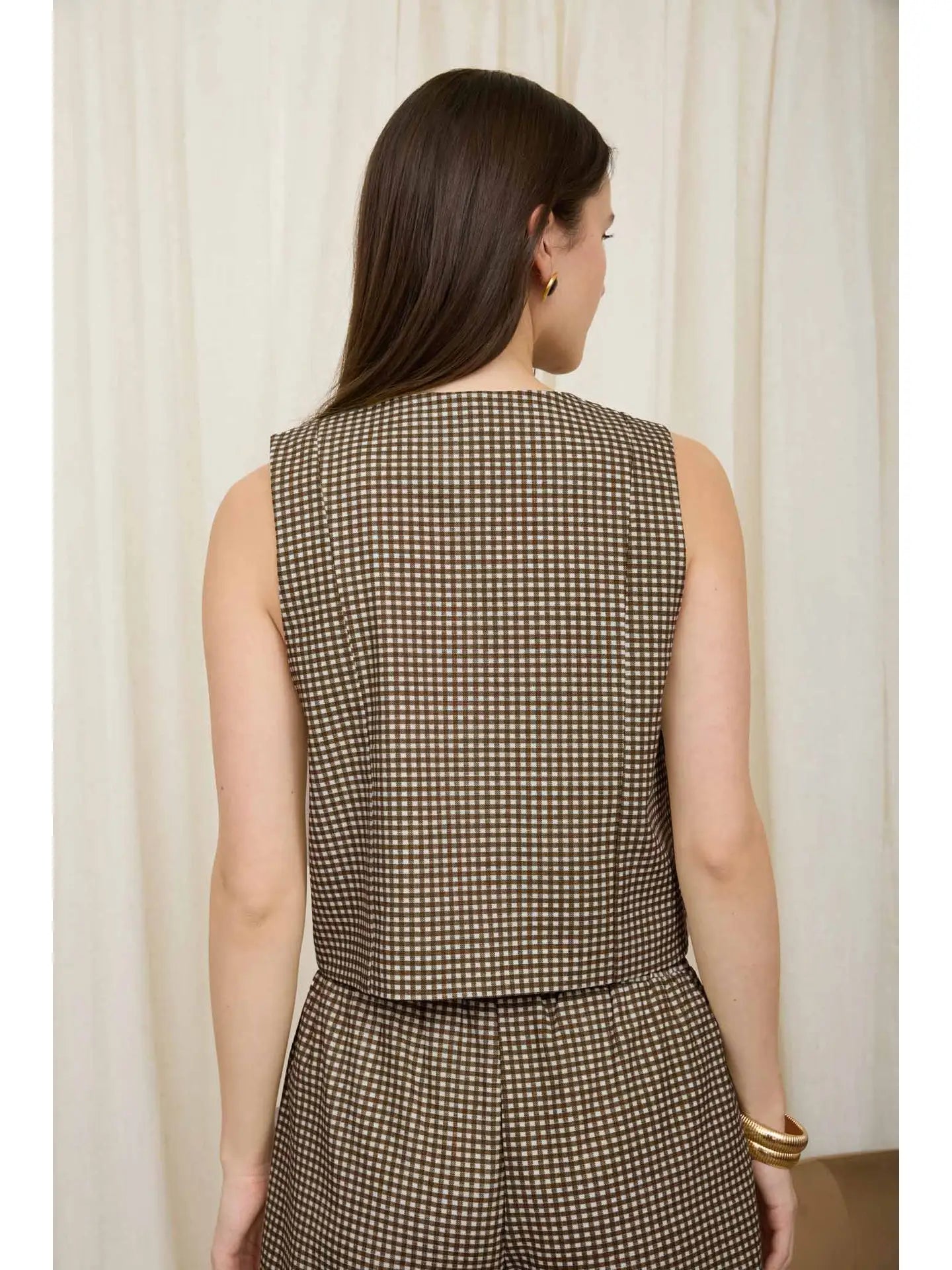 Plaid Button Down Sleeveless Top, Brown