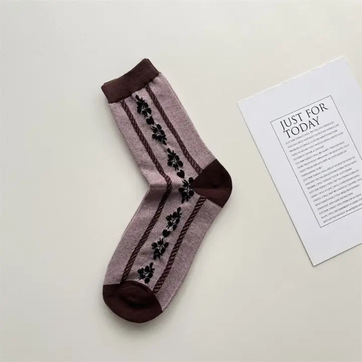 Dune Socks | Mixed Motif Brown with Black Florals Crew Sock