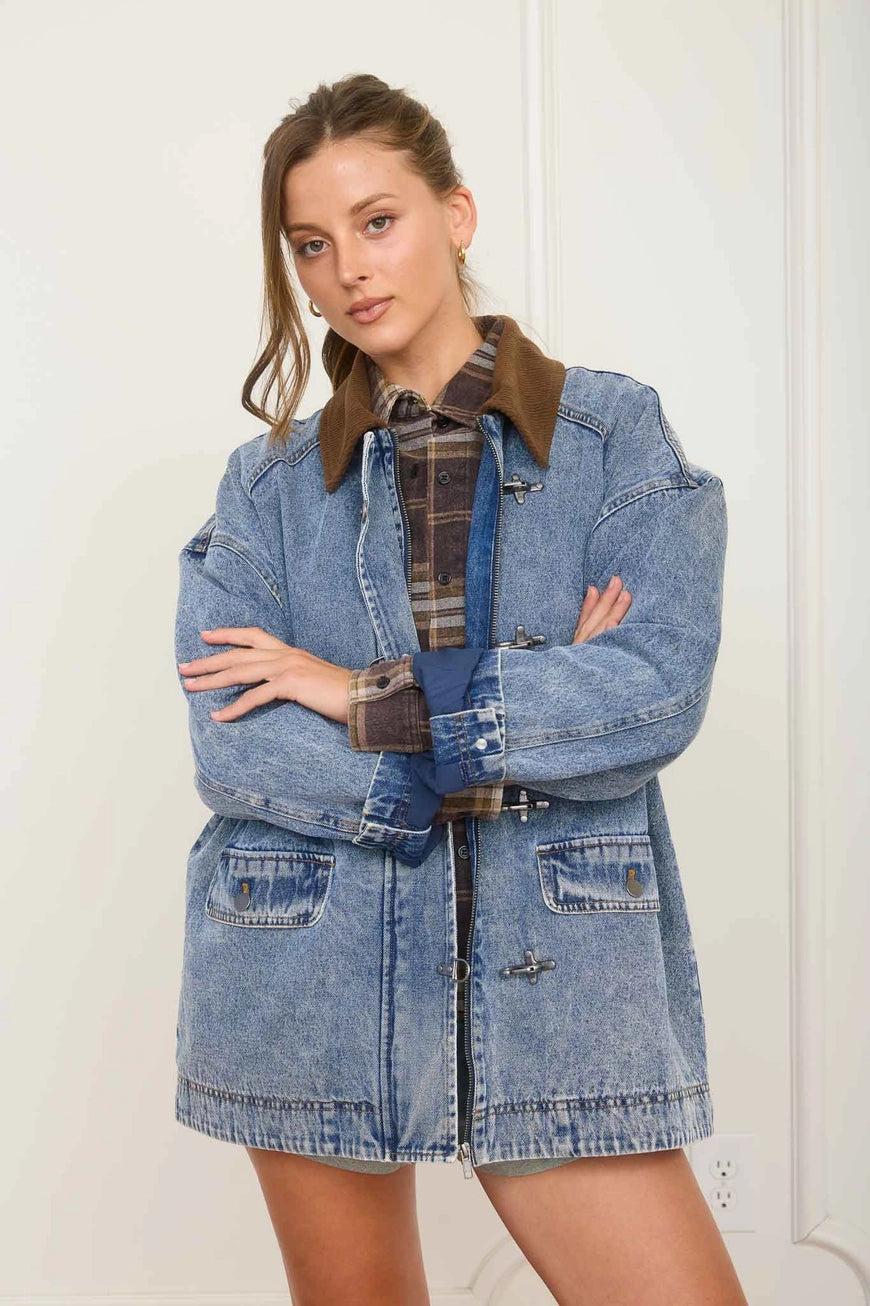 Contrast Collar Washed Denim Chore Coat