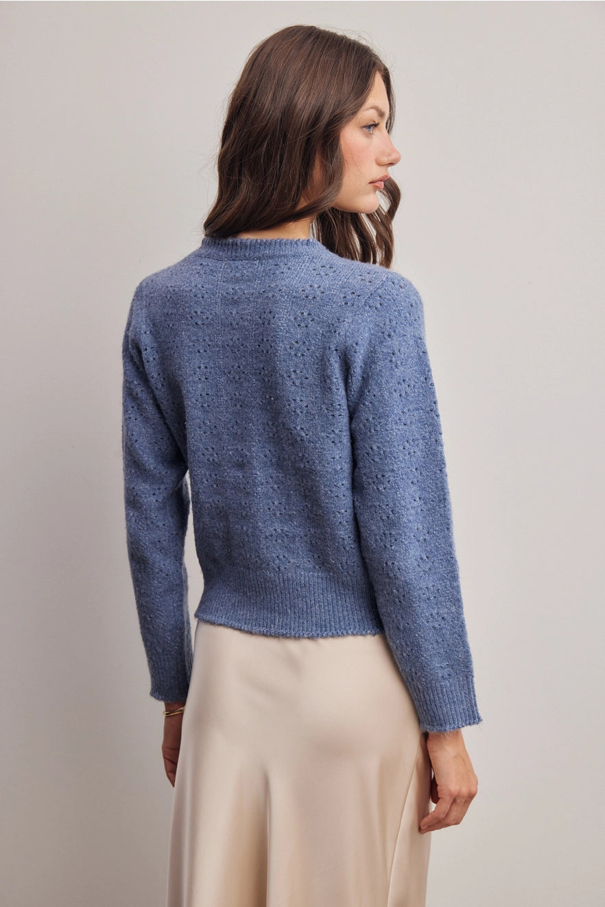 Pointelle Knit Button Cardigan, Blue