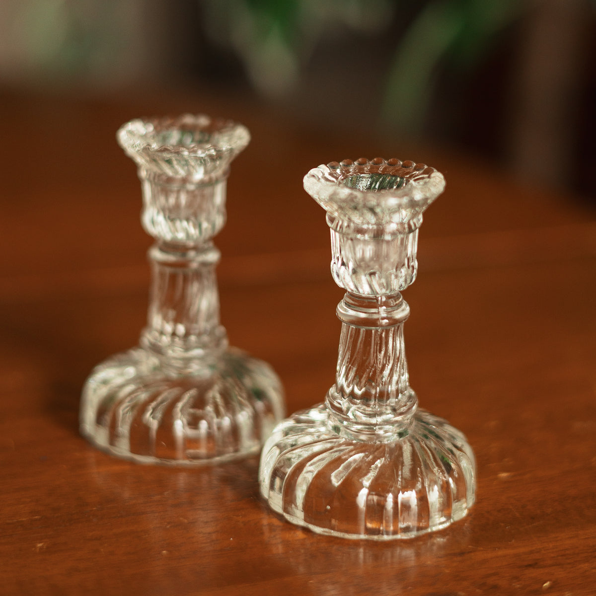 Tiny Cut Glass Slim Candle Candlestick Holders, Pair