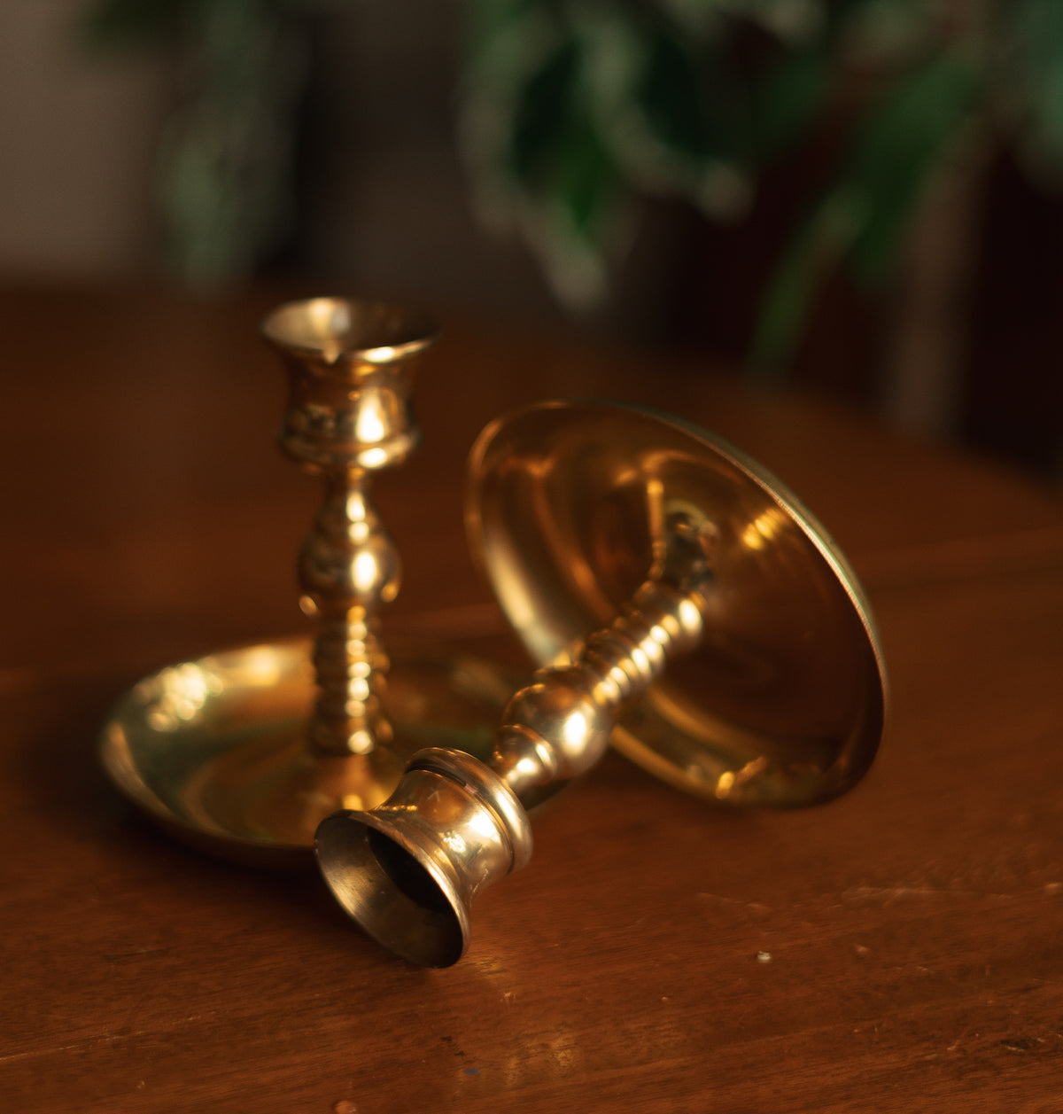 Solid Brass Candlestick Holder with Ribbed Stem, Pair