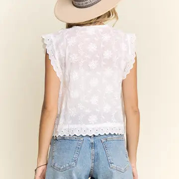 Sleeveless Eyelet Lace Trim Cream Blouse