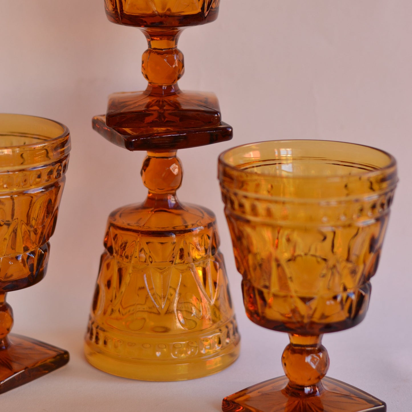 Footed Amber Goblet, Set of 7