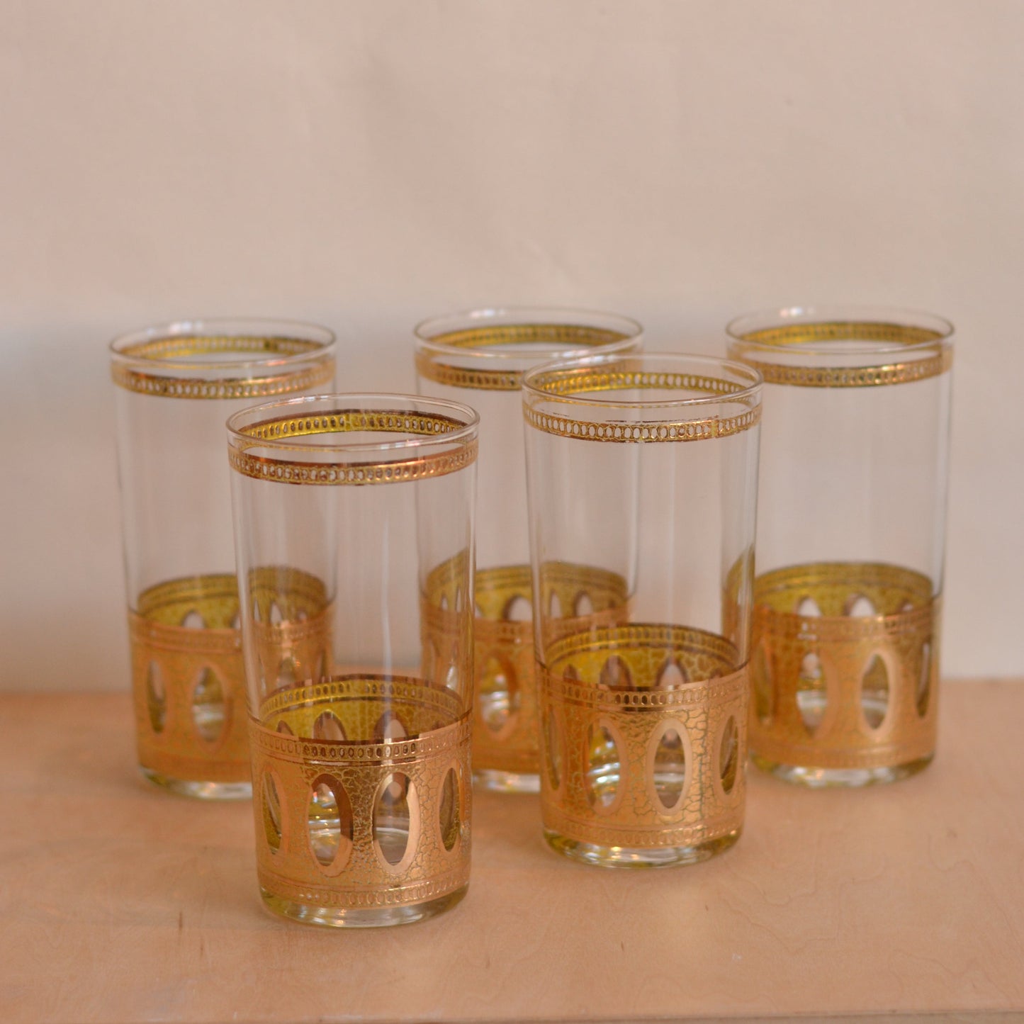Vintage Gold Embossed Water Glasses, Set of 5