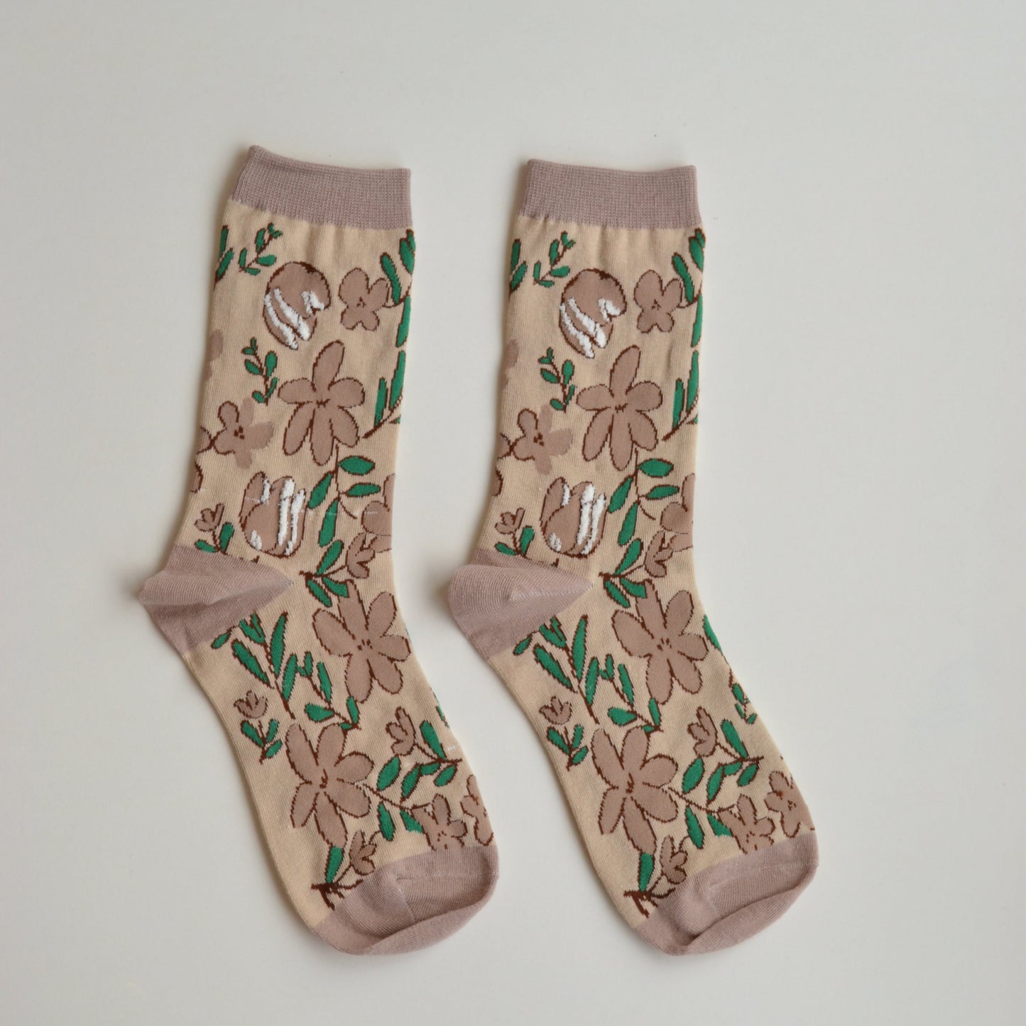 Fall Socks | Tan with Green Leaves and Flowers