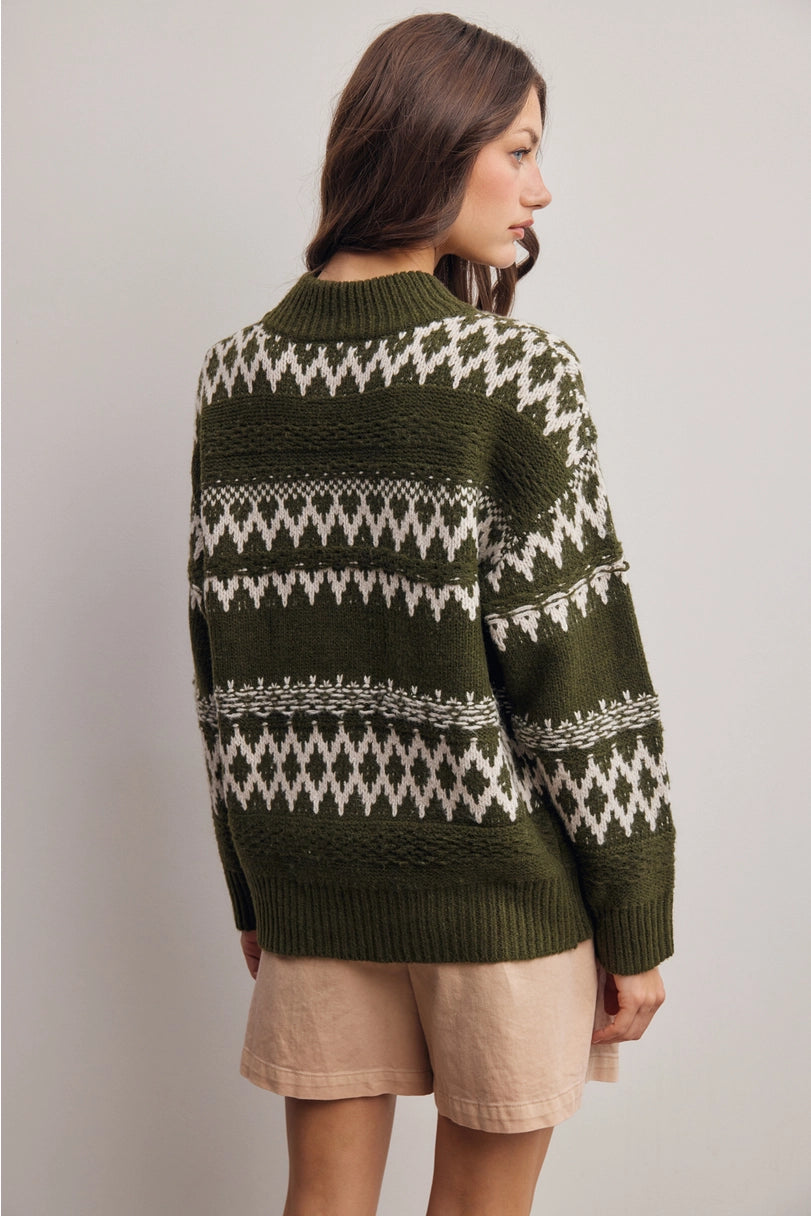 Fair Isle Pattern Knit Sweater, Forest Green