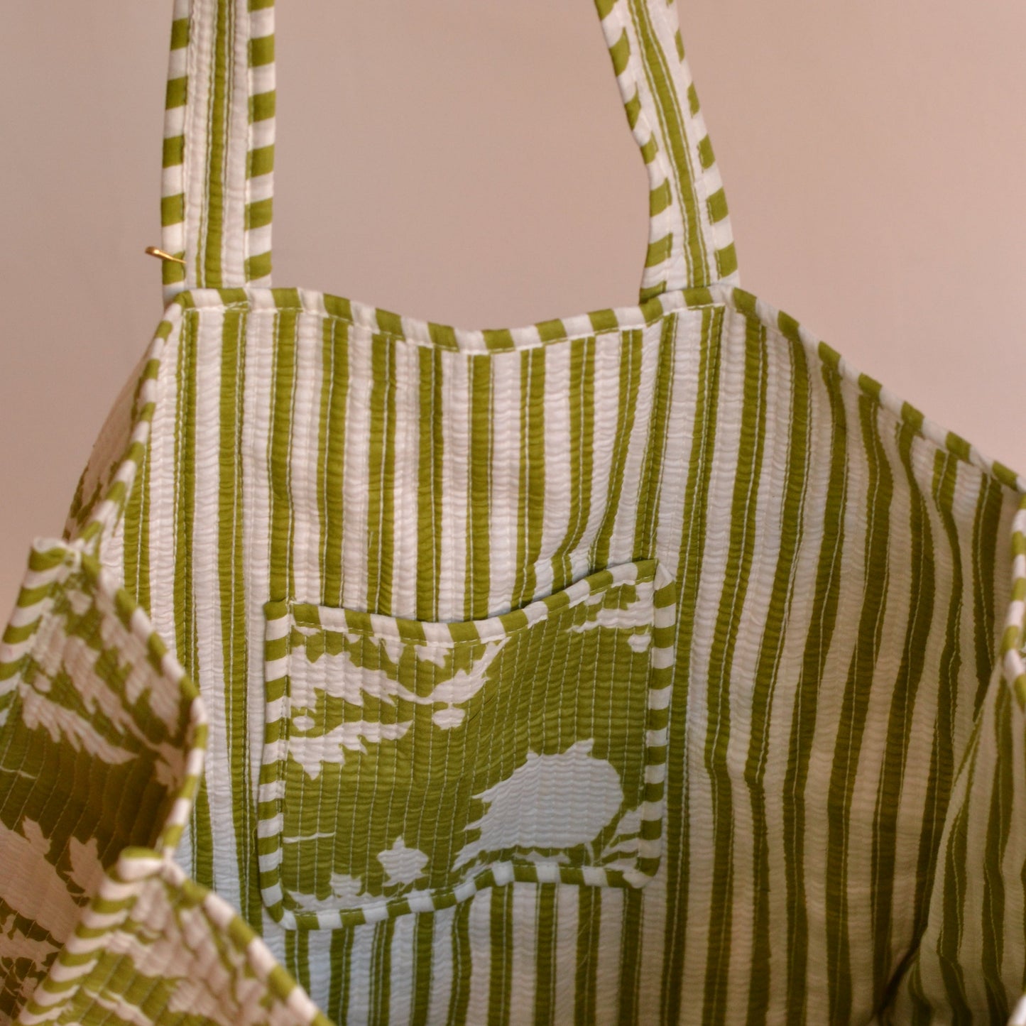 Gypsy Studio | Quilted Cotton Block Printed Tote Bag, Green