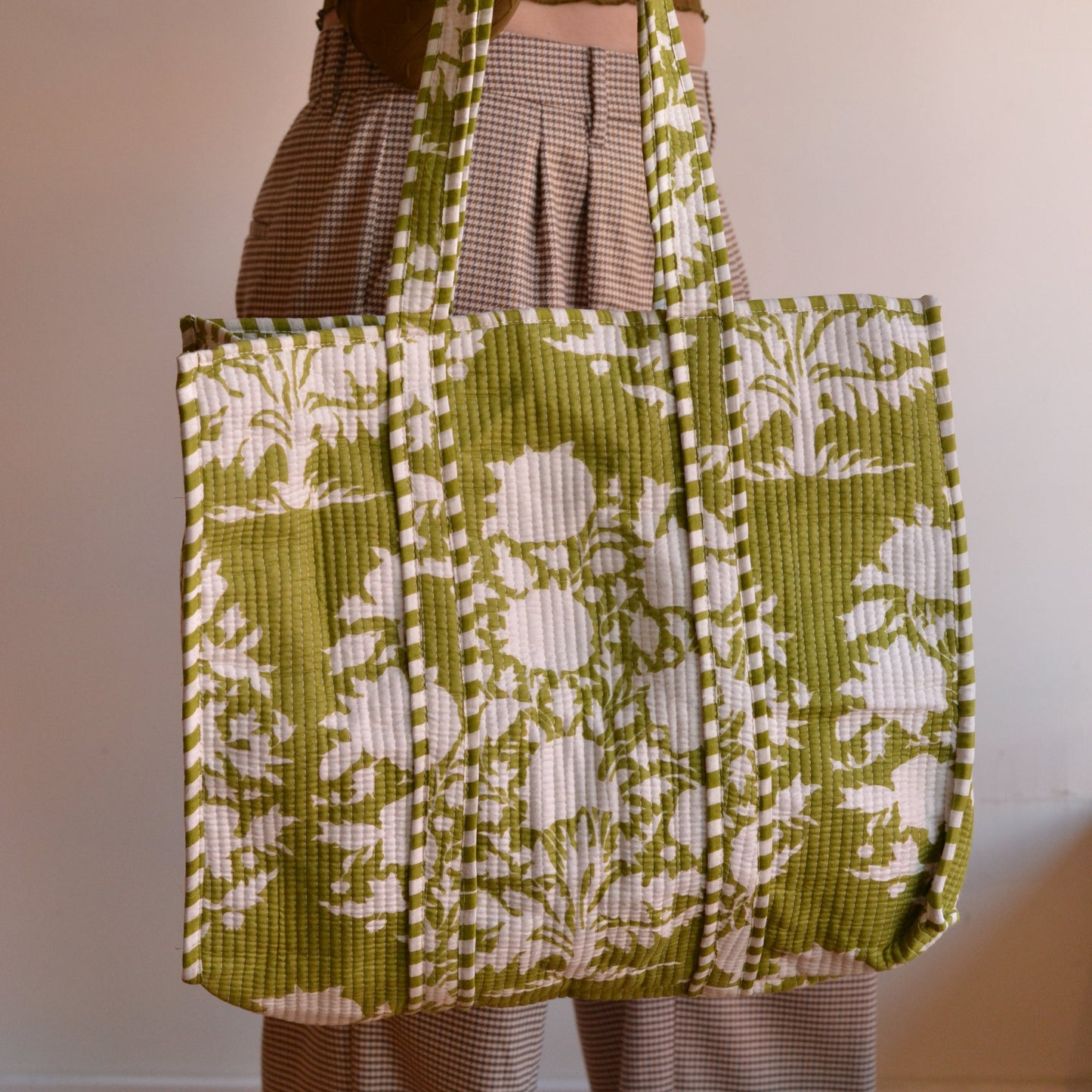Gypsy Studio | Quilted Cotton Block Printed Tote Bag, Green