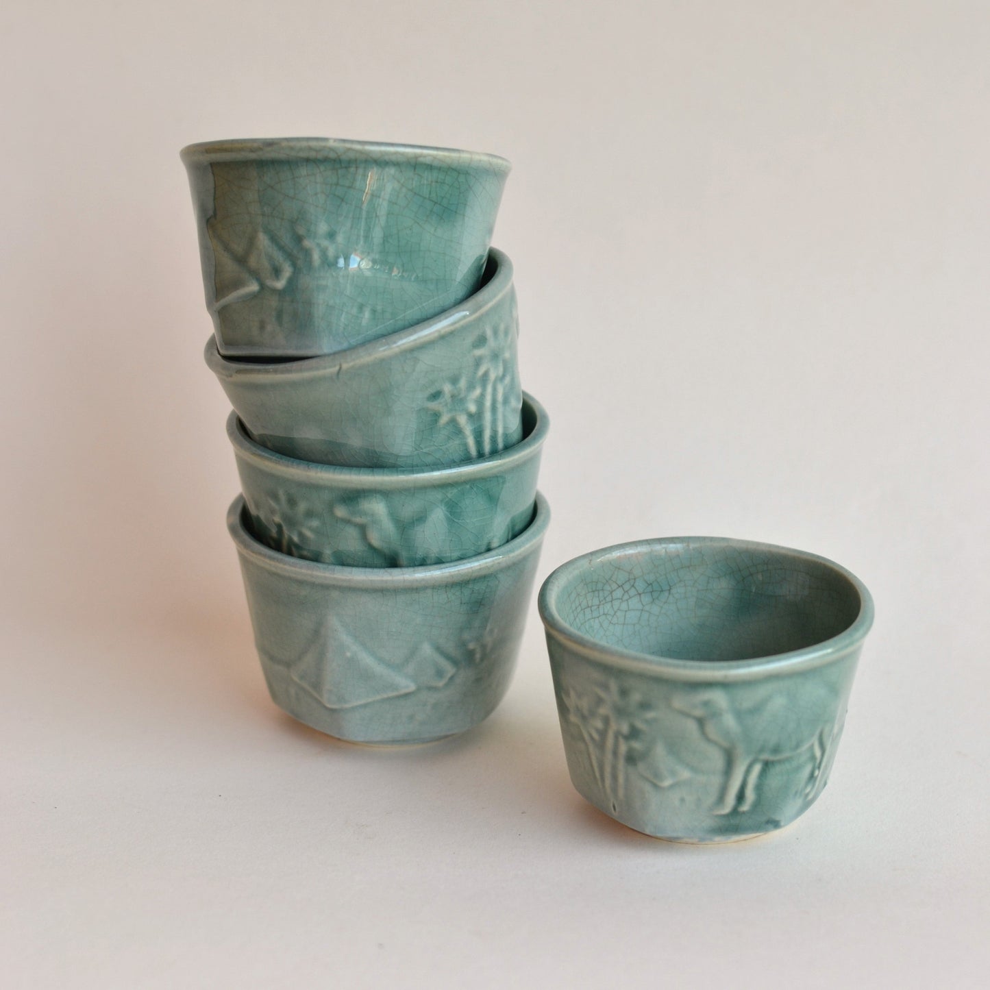 Celadon Green Tea Cups with Camel Motif, Set of 5