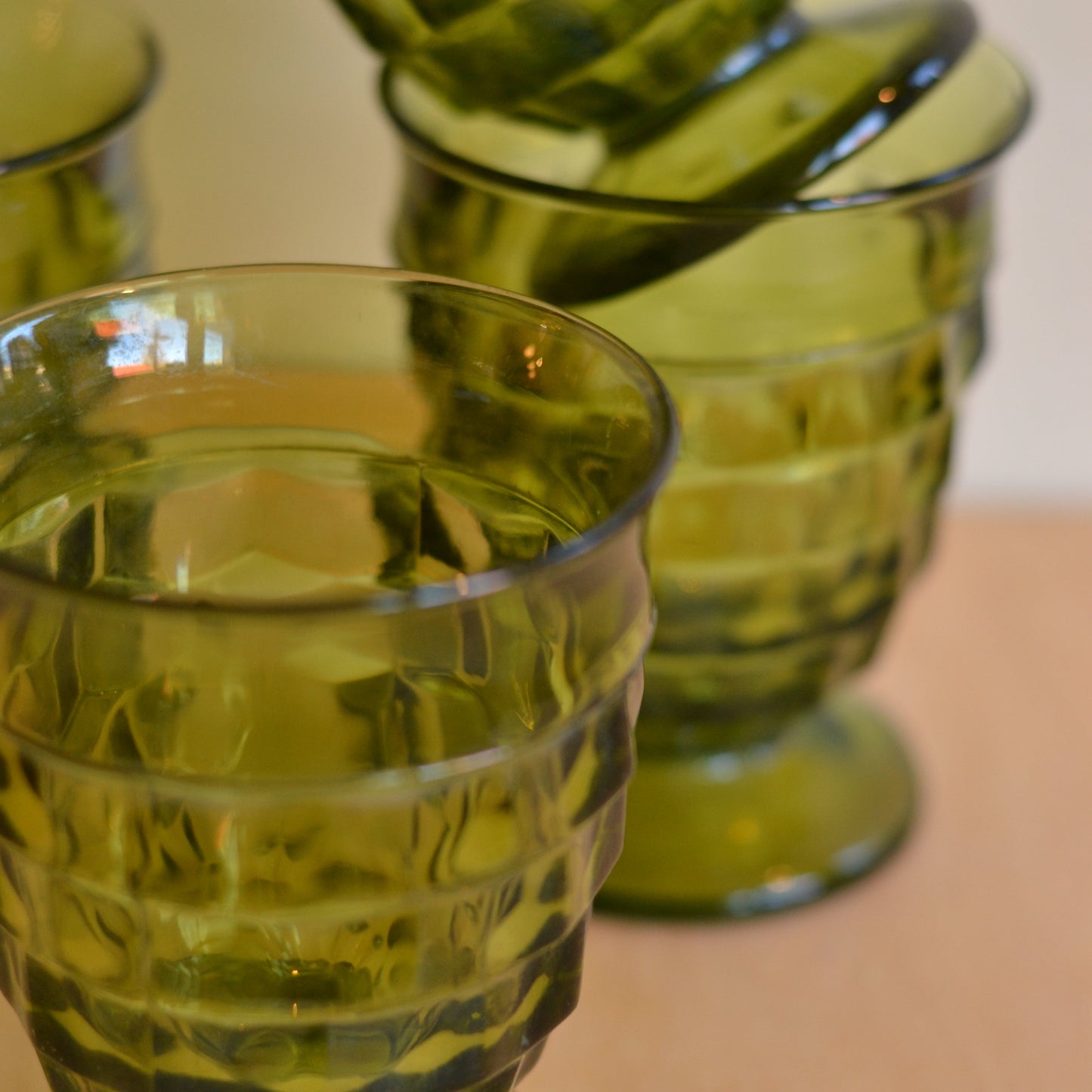 Green Cut Glass Water Goblets, Set of 3