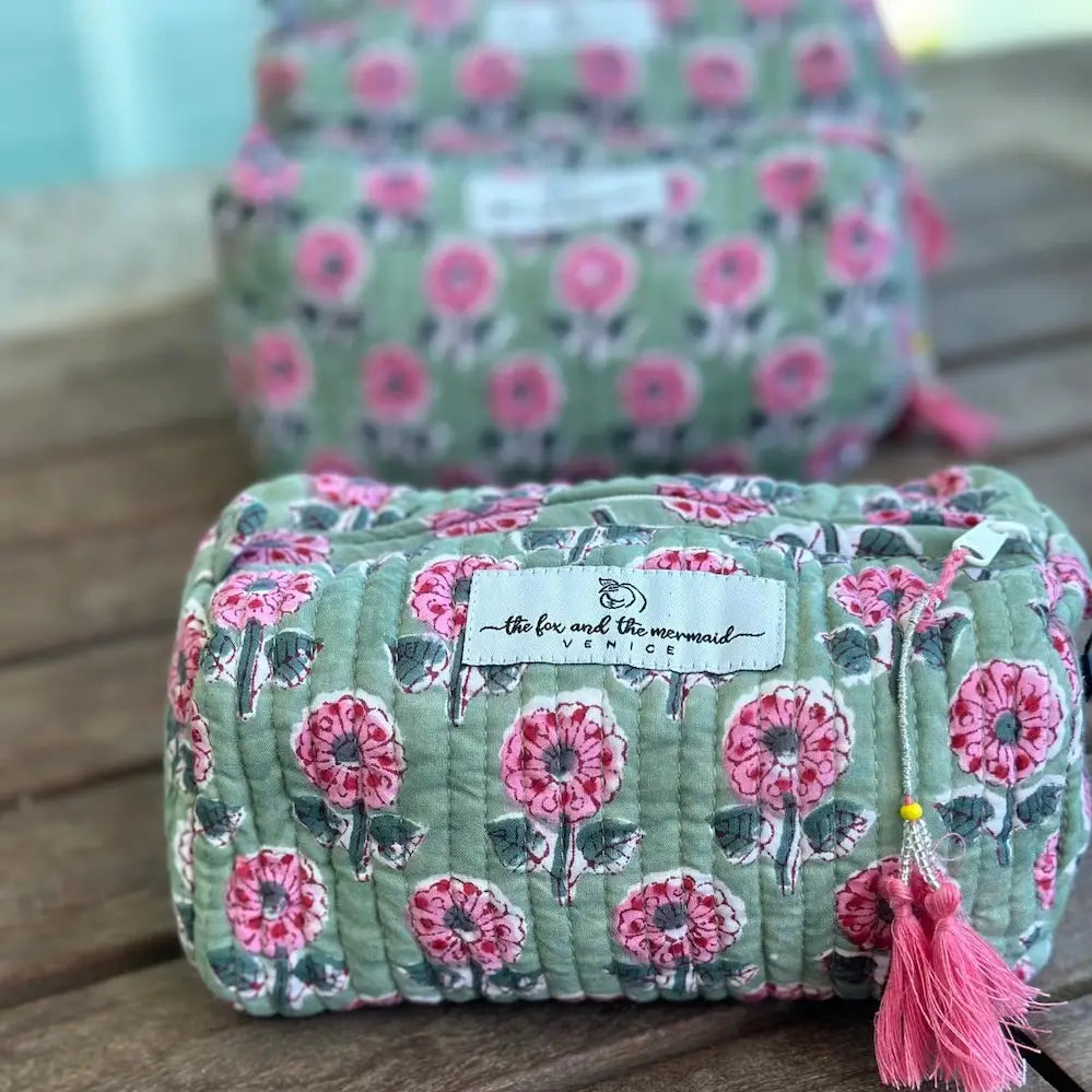 Gypsy Studio | Quilted Cotton Block Printed Cosmetic Bag, Green with Pink Flowers