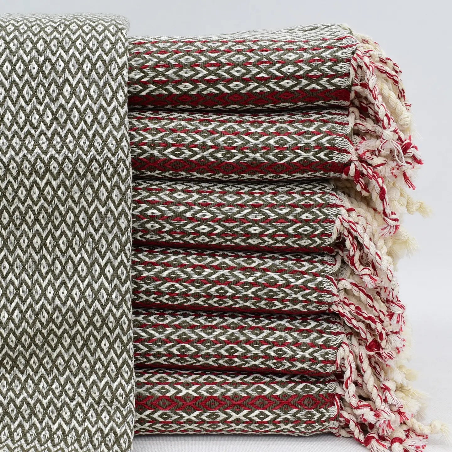 Turkish Towel | Luxury Bath Towel, Green Diamond with Red Stripe