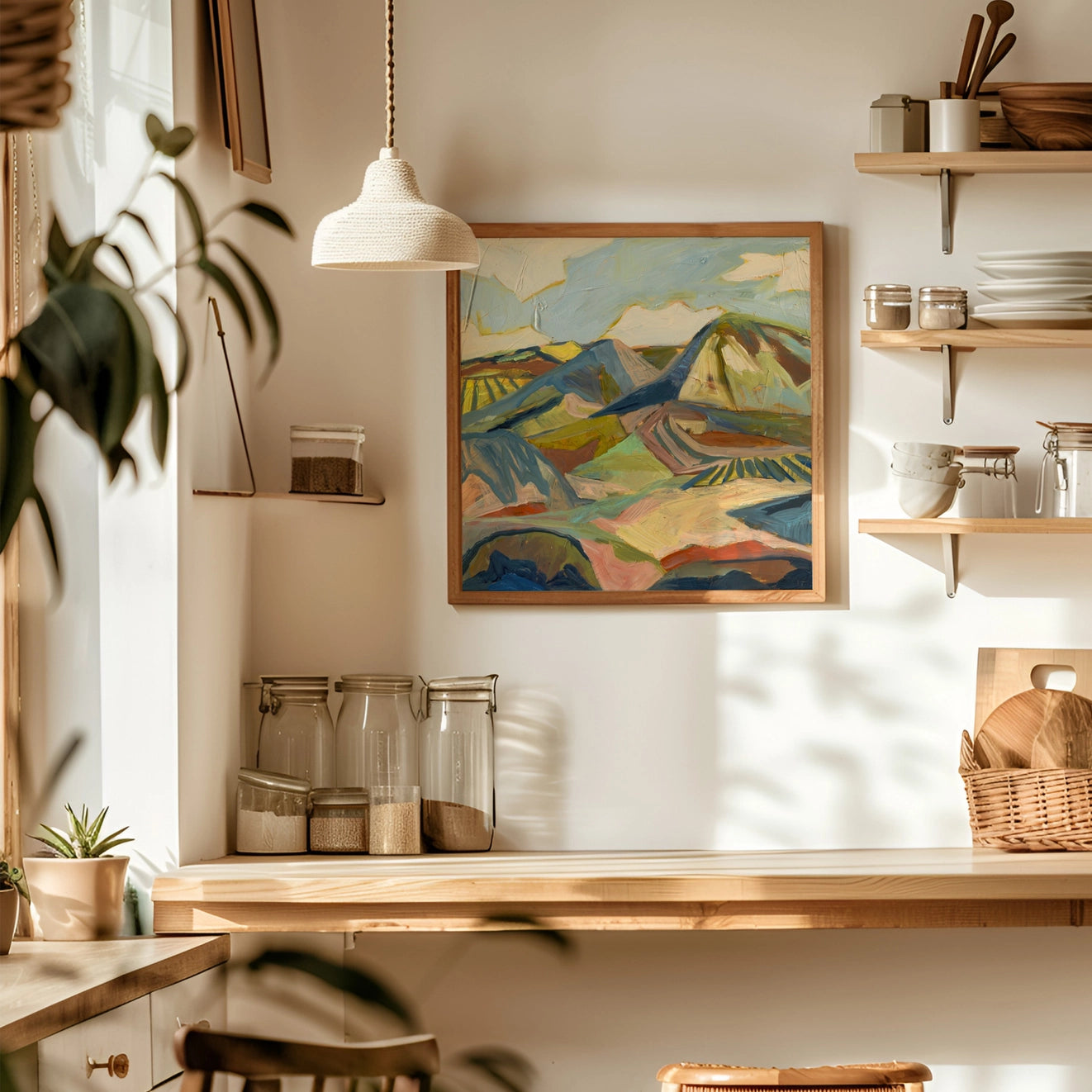 El Baker Art | Greens and Neutral Boho Mountain Landscape Art Print, 11 X 14