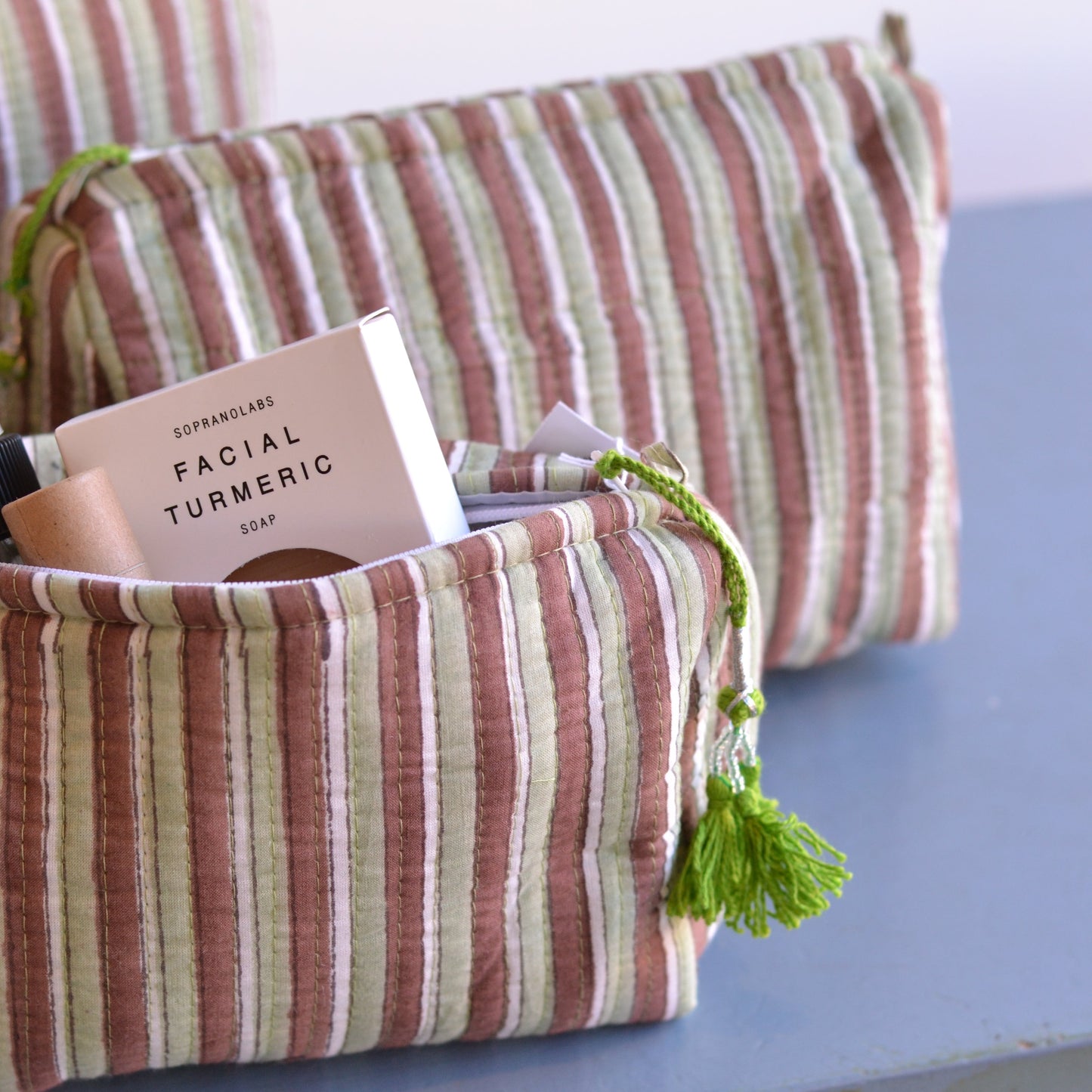 Gypsy Studio | Quilted Cotton Block Printed Cosmetic Bag, Brown and Green Stripe