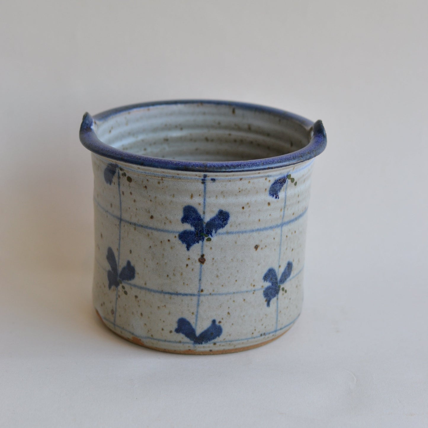 Cylinder Planter with Blue Grid Pattern