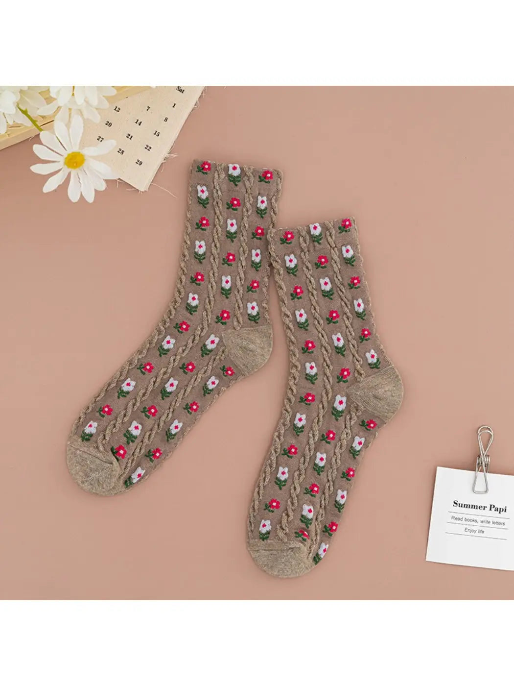 Dune Socks | Vintage Floral Cable Knit Socks, Pink