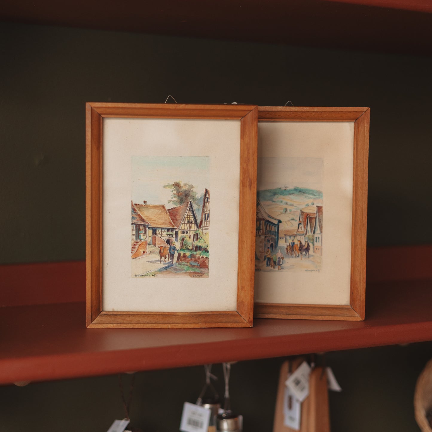 Vintage Framed Village Watercolor Picture