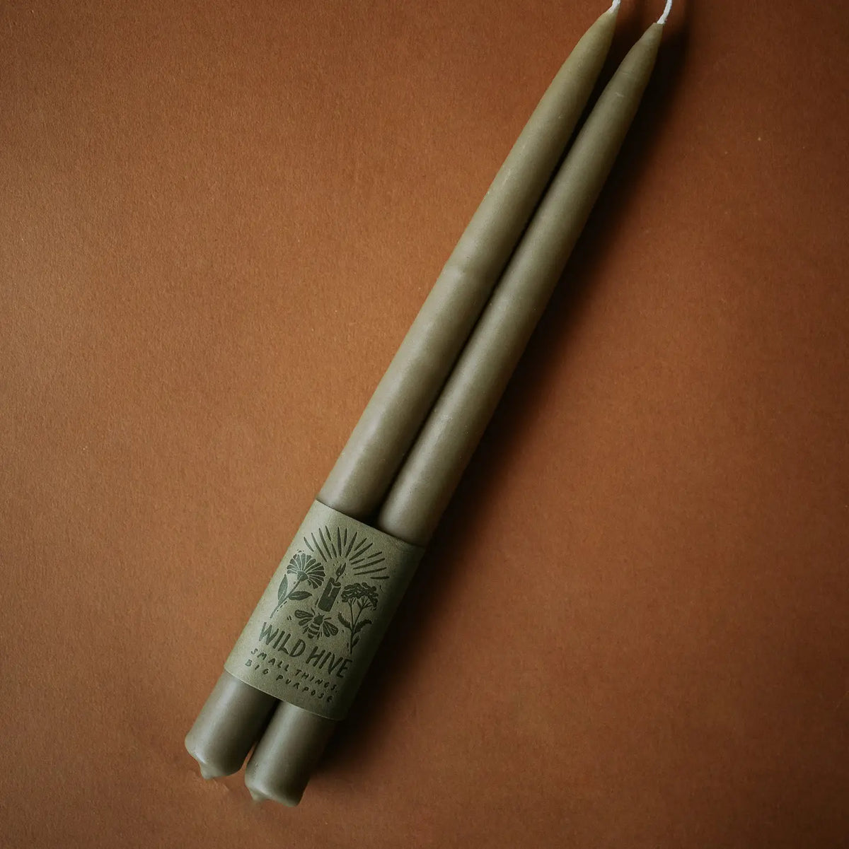 Wild Hive Apiary | 10" Moss Green Beeswax Hand Dipped Taper Candle, Pair